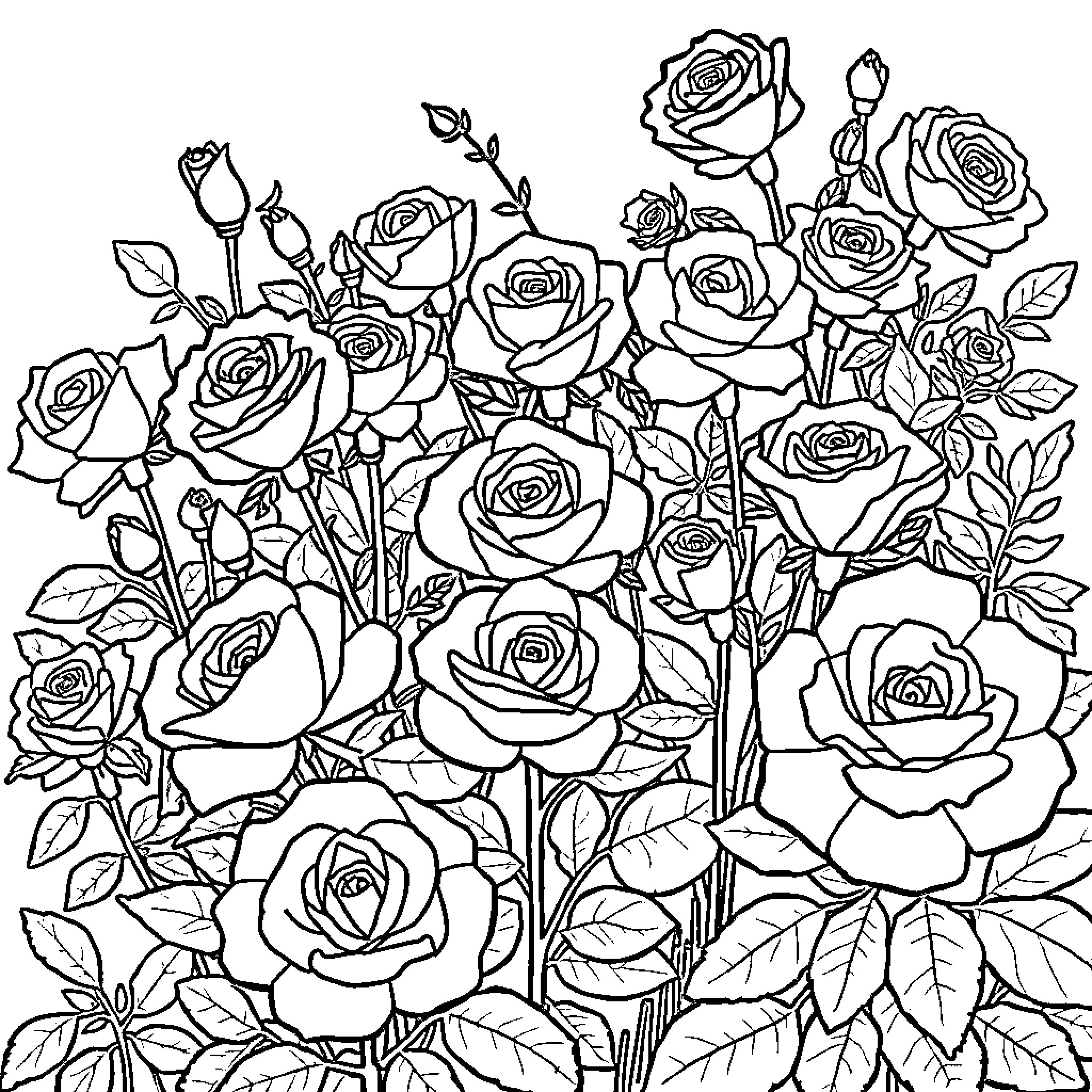 Rose Garden Blooming with Detailed Floral Artistry Coloring Page (free black-and-white line drawing printable PDF for all, from beginners to advanced learners, including children, teens, adults, and seniors)