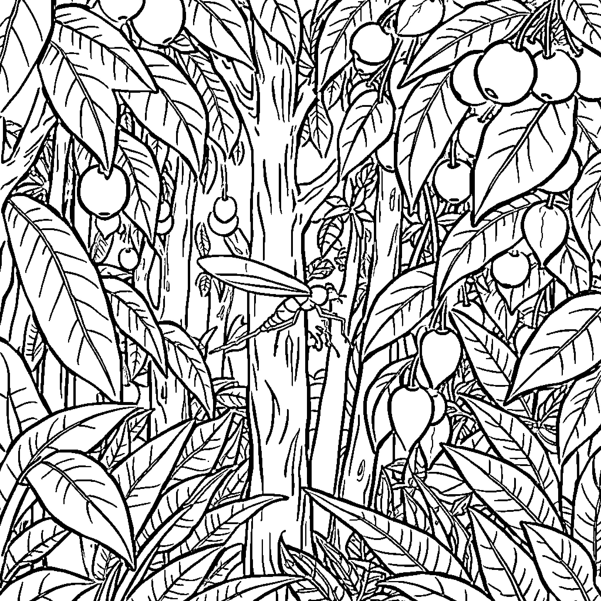 Mosquito nestled in lush tropical foliage Coloring Page (free black-and-white line drawing printable PDF for all, from beginners to advanced learners, including children, teens, adults, and seniors)