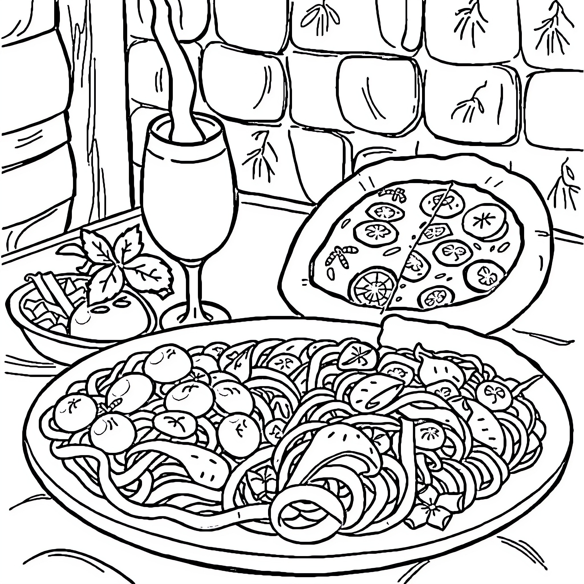 Brainrot: Feast of Culinary Delight Coloring Page (free black-and-white line drawing printable PDF for all, from beginners to advanced learners, including children, teens, adults, and seniors)