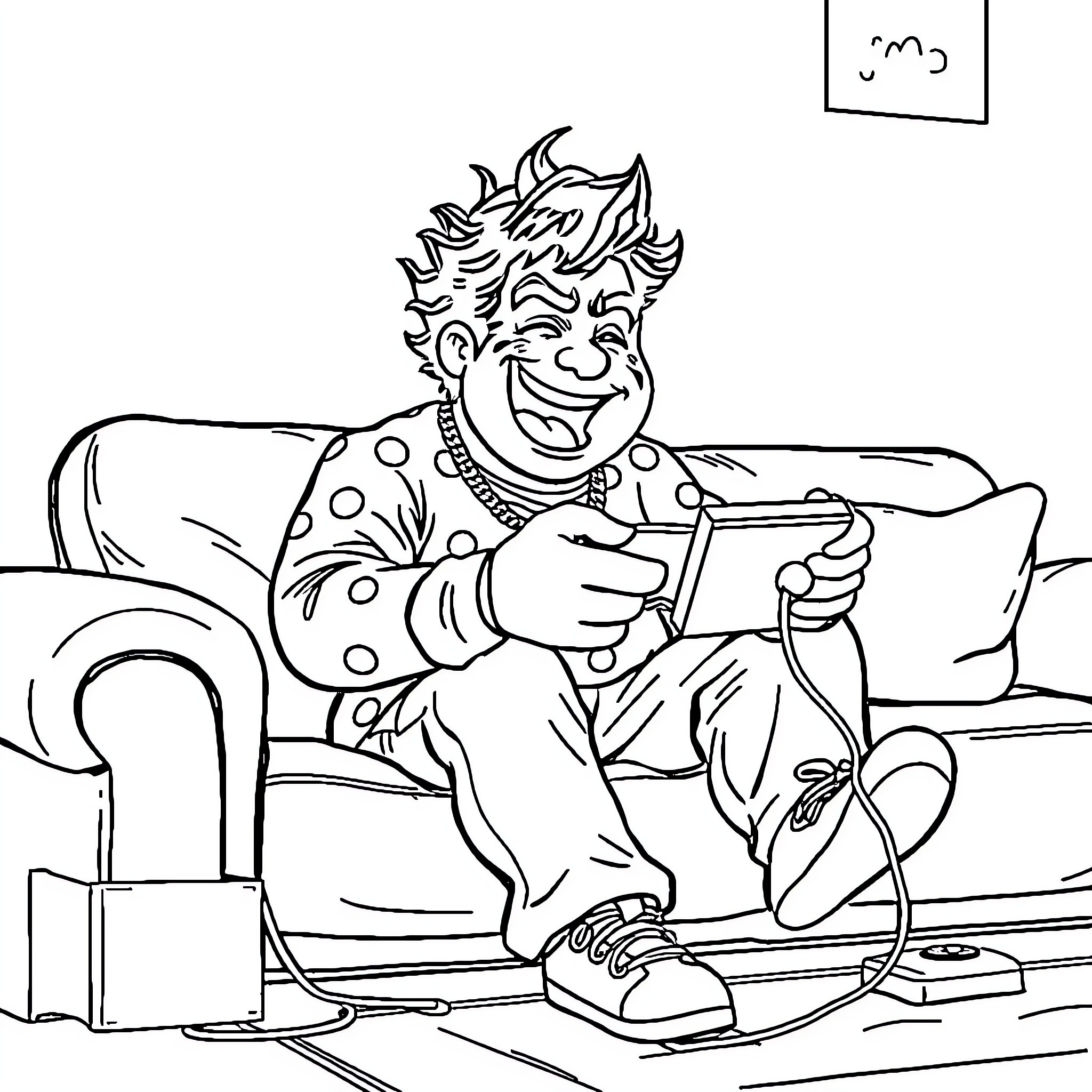 Nacho Libre playing video games on the couch Coloring Page (free black-and-white line drawing printable PDF for all, from beginners to advanced learners, including children, teens, adults, and seniors)