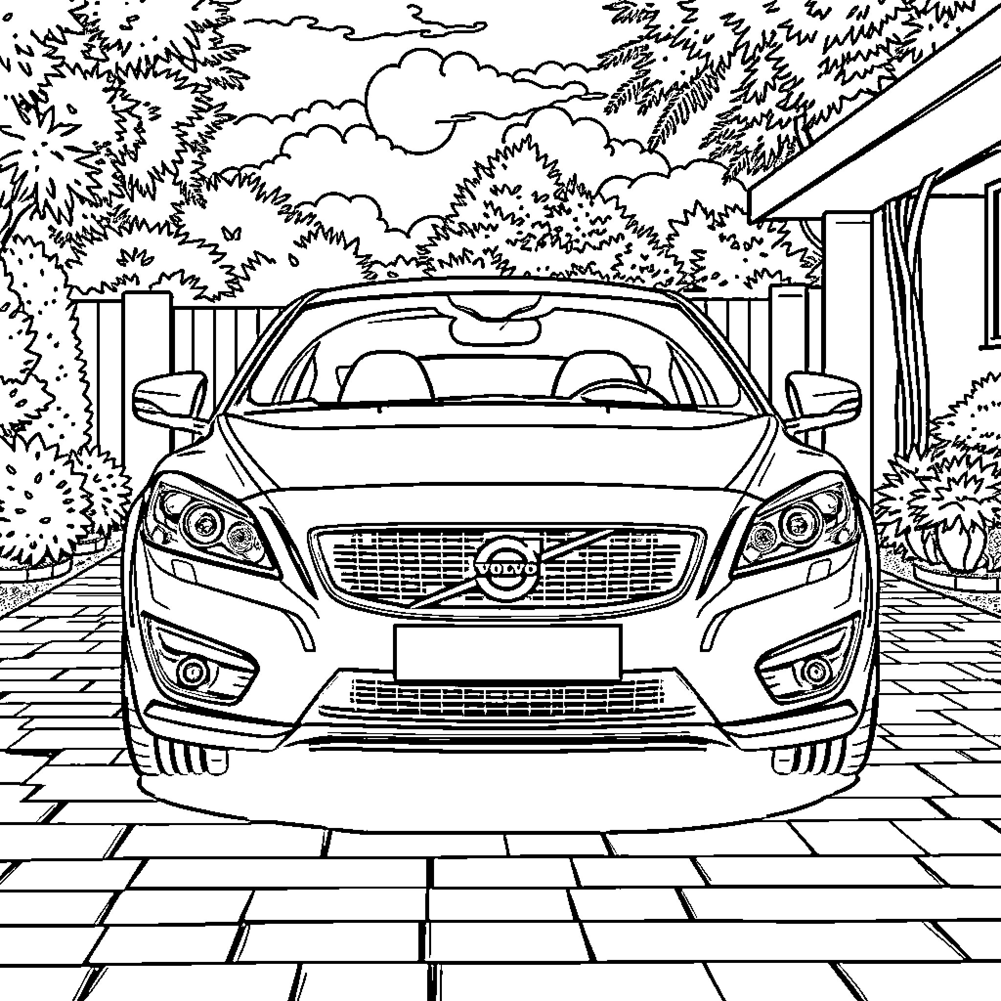 Volvo C30 parked in a scenic outdoor setting Coloring Page (free black-and-white line drawing printable PDF for all, from beginners to advanced learners, including children, teens, adults, and seniors)