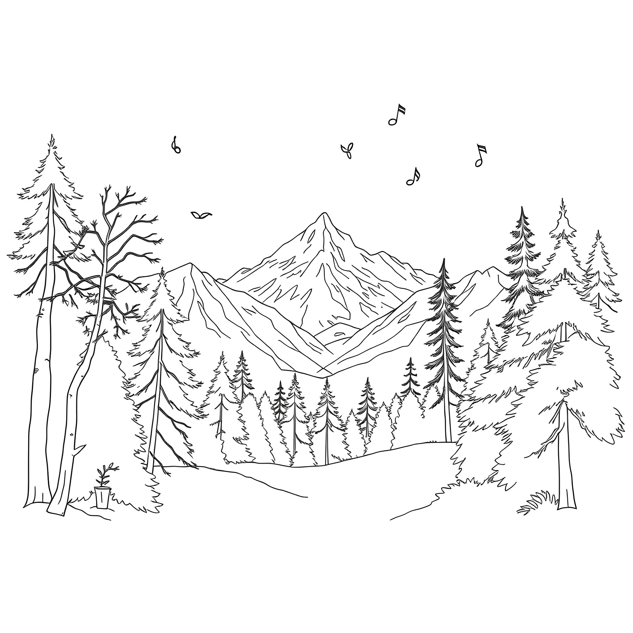 Melody of the Mountain Wilderness Coloring Page (free black-and-white line drawing printable PDF for all, from beginners to advanced learners, including children, teens, adults, and seniors)