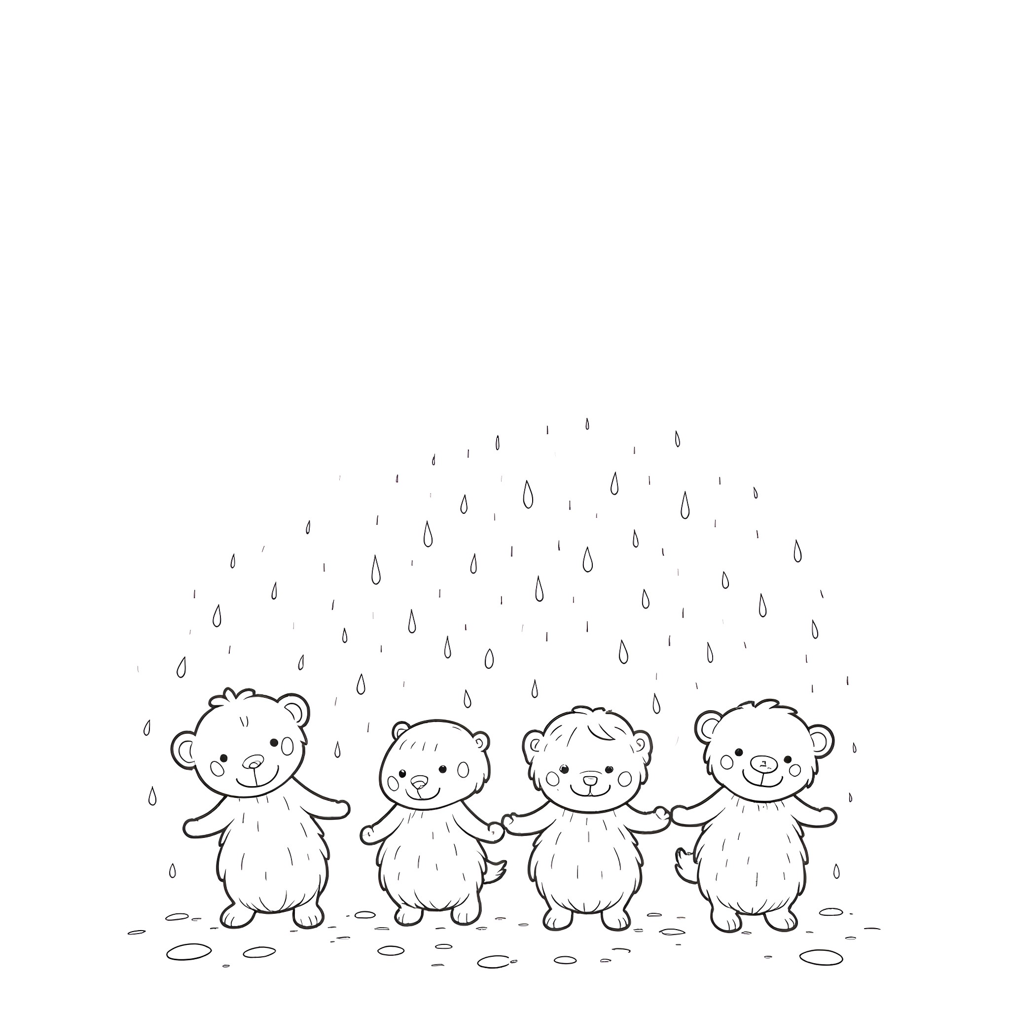 Animal Stuffed Toys Walking in the Rain Coloring Page (free black-and-white line drawing printable PDF for all, from beginners to advanced learners, including children, teens, adults, and seniors)