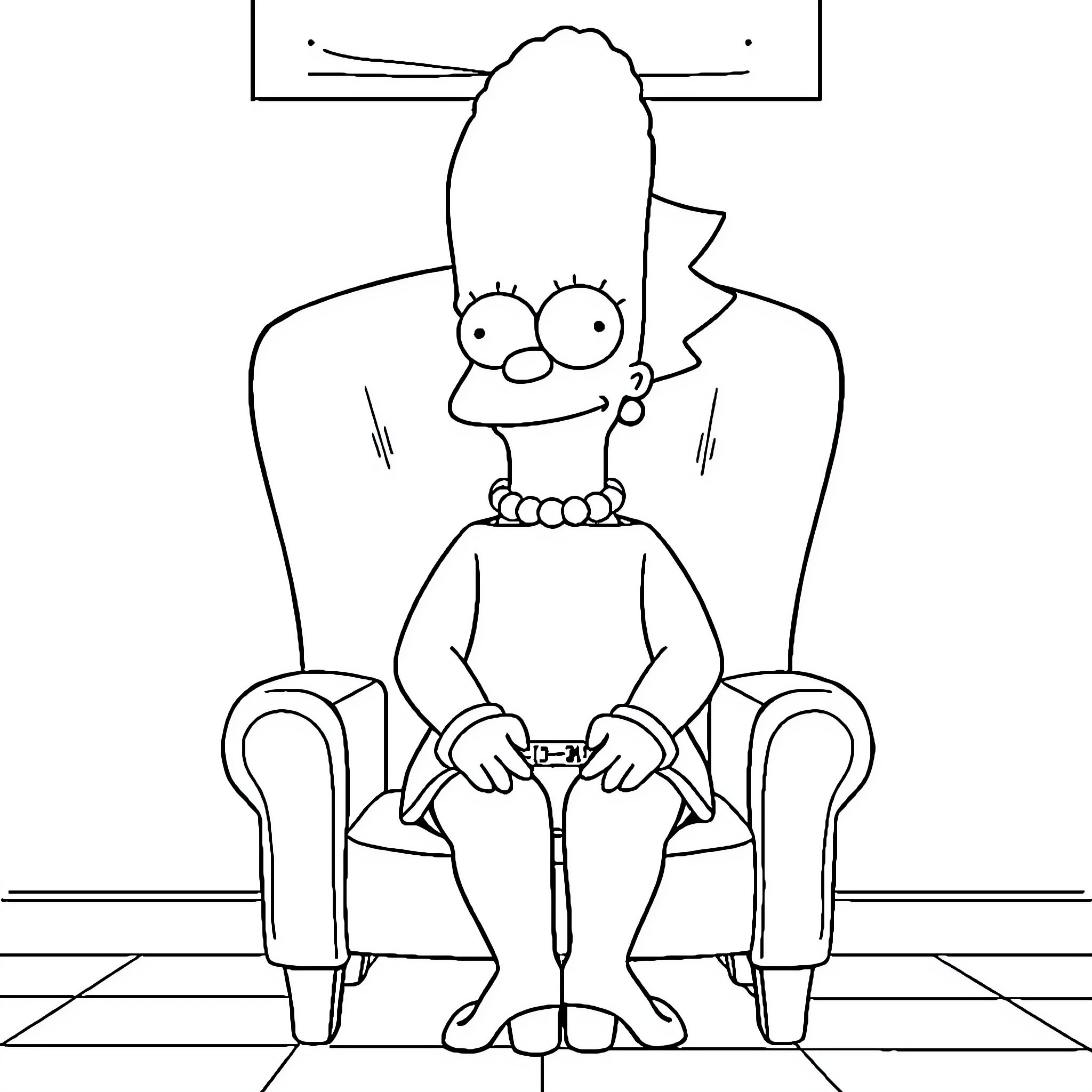 Marge Simpson sitting in a chair with a pensive expression Coloring Page (free black-and-white line drawing printable PDF for all, from beginners to advanced learners, including children, teens, adults, and seniors)