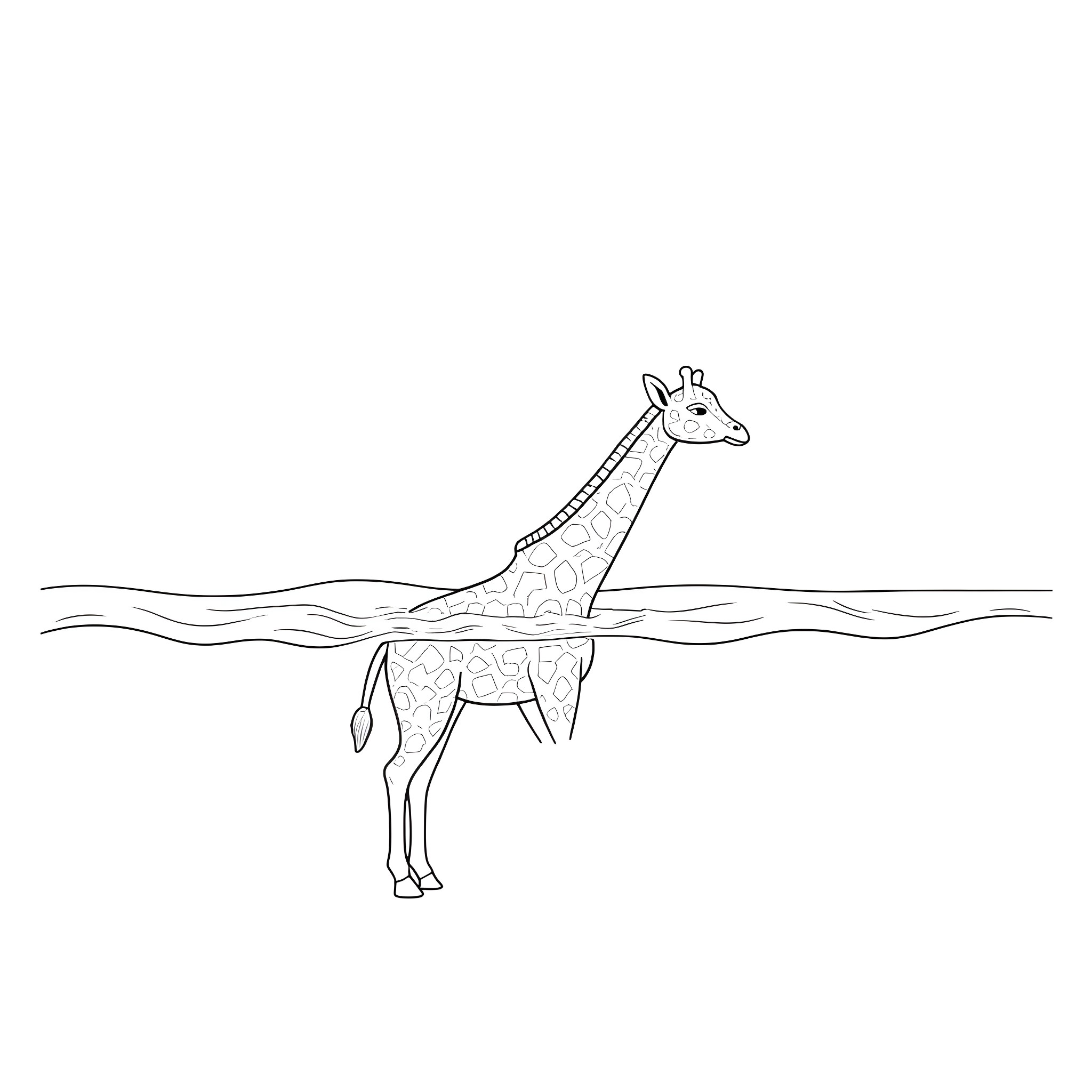 Giraffe wading through shallow water Coloring Page (free black-and-white line drawing printable PDF for all, from beginners to advanced learners, including children, teens, adults, and seniors)