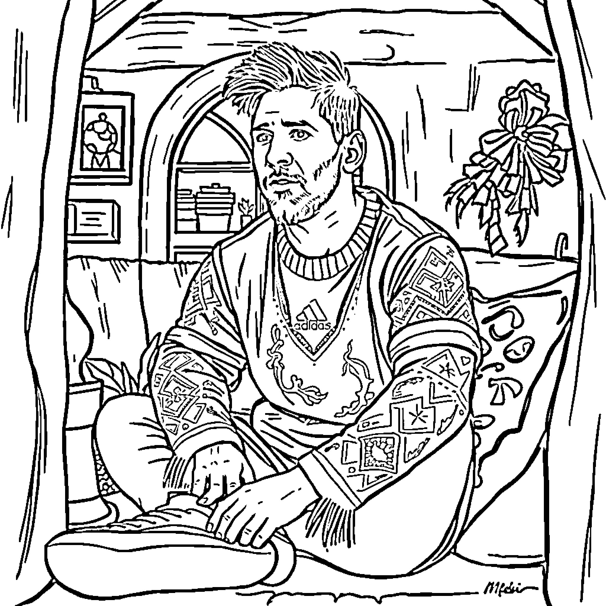 Messi in a cozy, artistic home setting Coloring Page (free black-and-white line drawing printable PDF for all, from beginners to advanced learners, including children, teens, adults, and seniors)