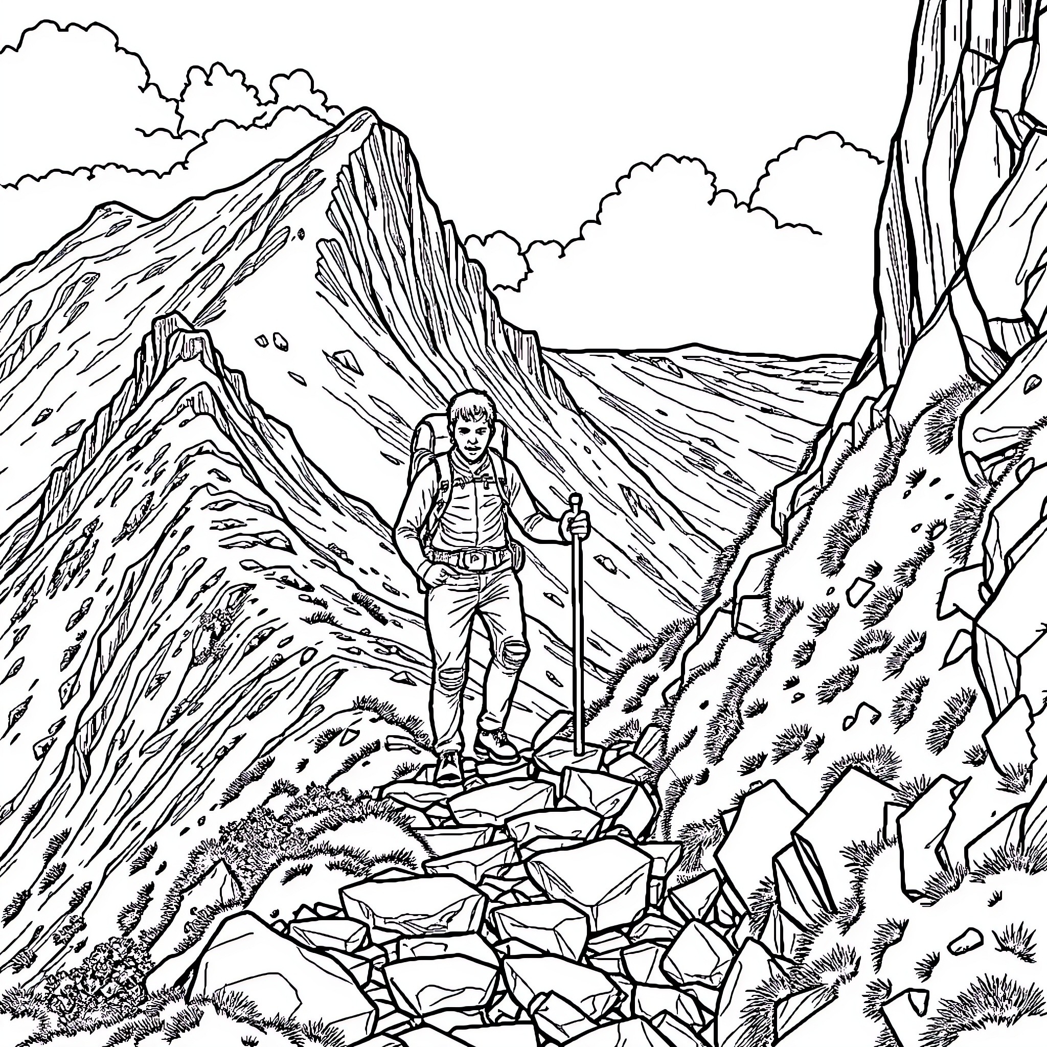 Man hiking through rugged mountain terrain Coloring Page (free black-and-white line drawing printable PDF for all, from beginners to advanced learners, including children, teens, adults, and seniors)