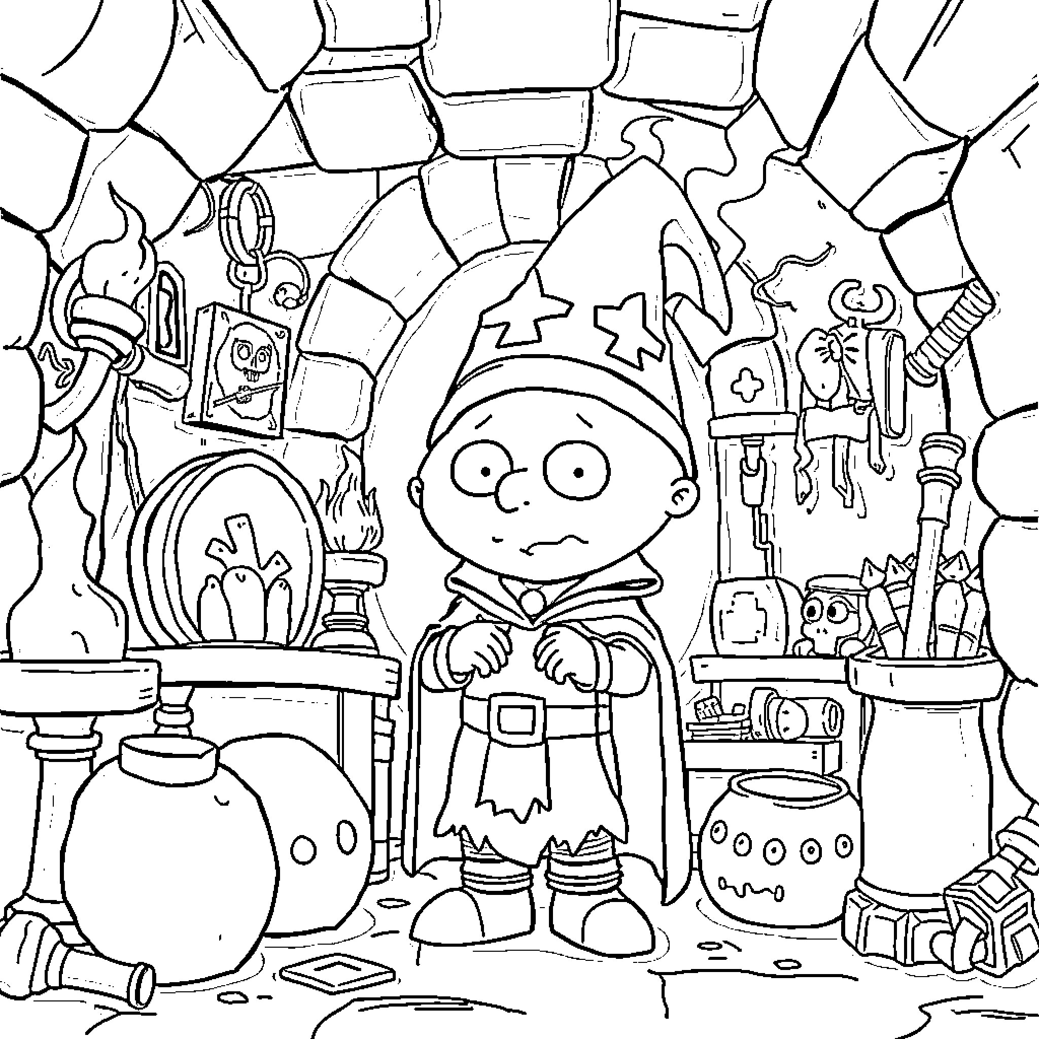 Stewie Griffin's Magical Workshop Coloring Page (free black-and-white line drawing printable PDF for all, from beginners to advanced learners, including children, teens, adults, and seniors)