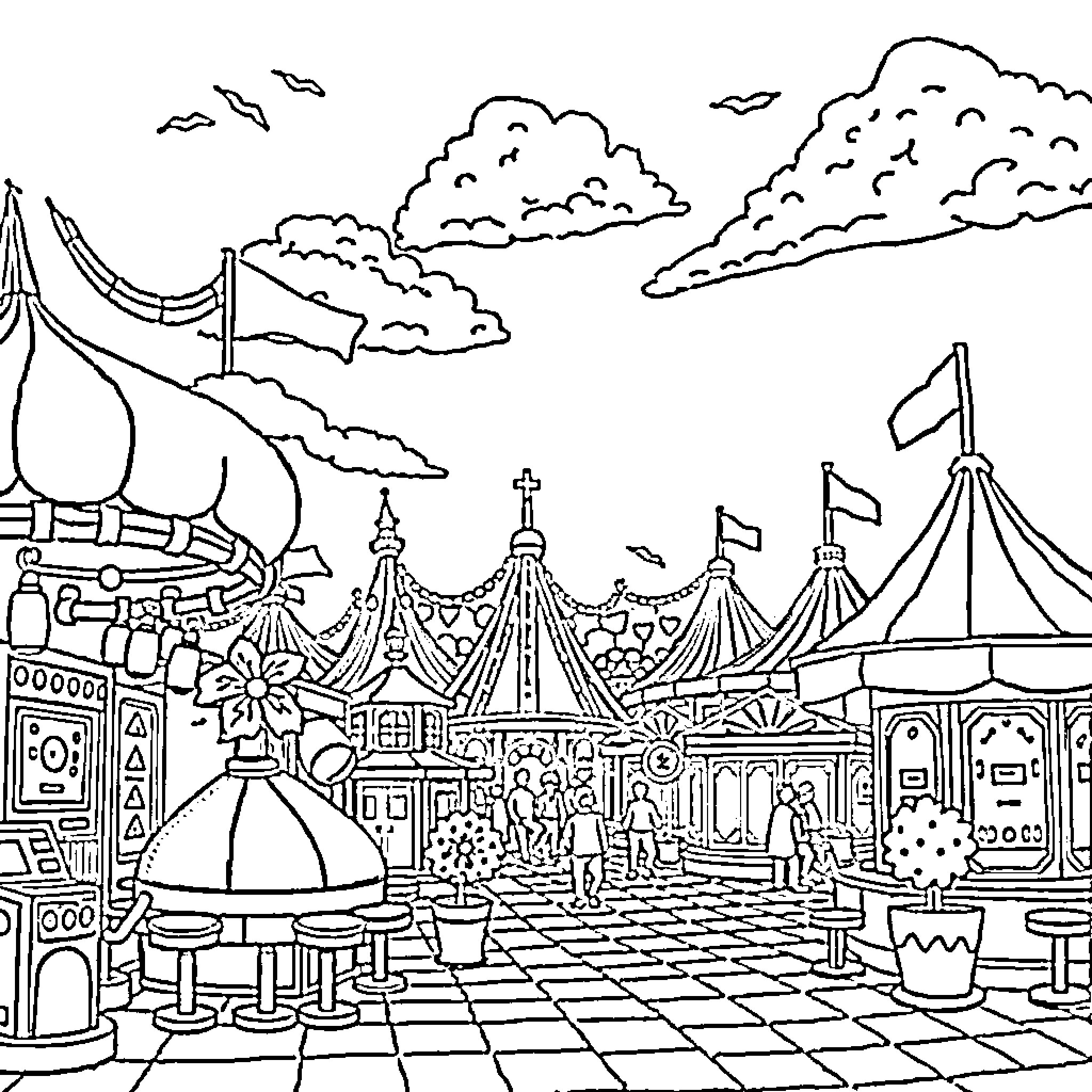 Amusement Park with Colorful Tents and Rides Coloring Page (free black-and-white line drawing printable PDF for all, from beginners to advanced learners, including children, teens, adults, and seniors)