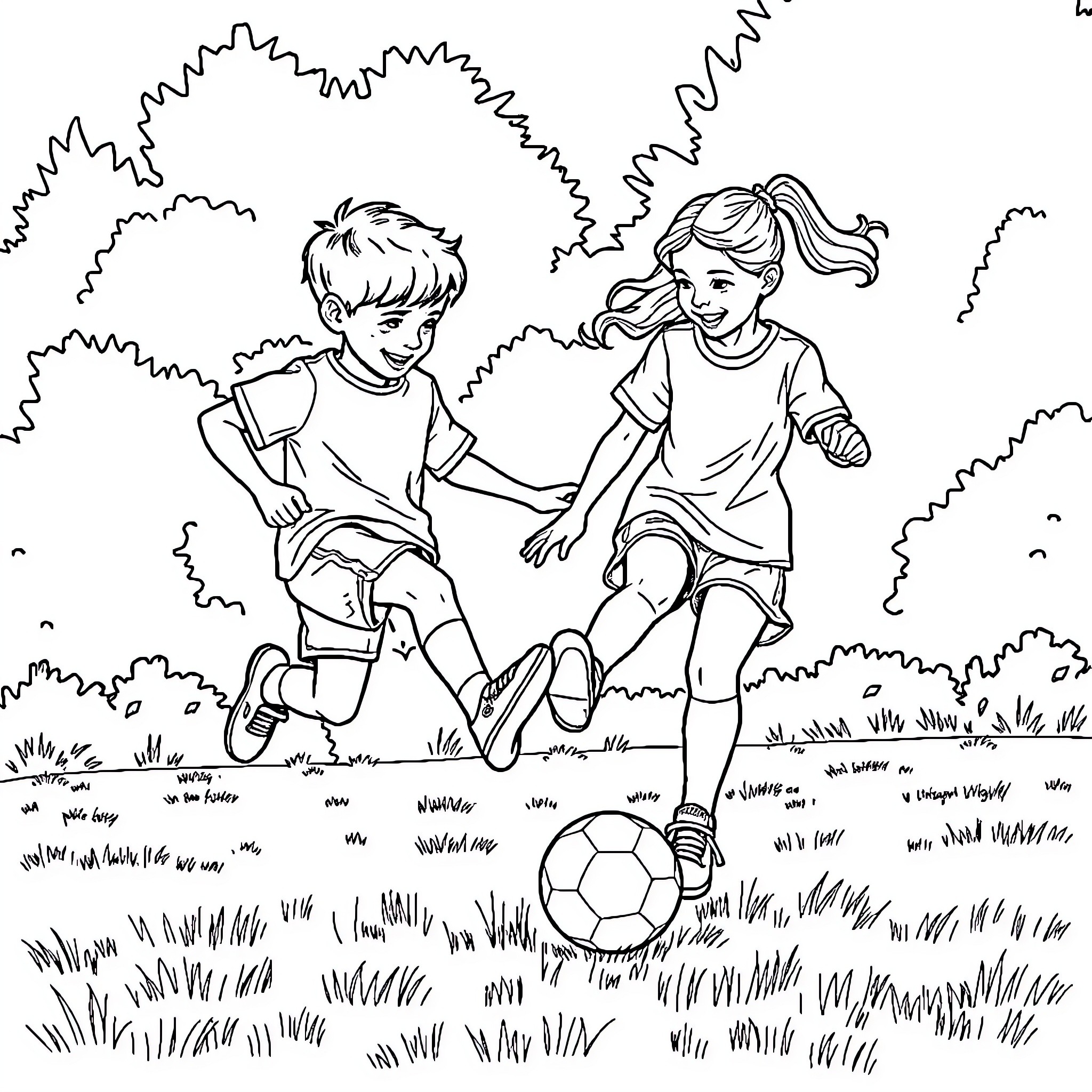 Children playing happily with soccer ball in the park Coloring Page (free black-and-white line drawing printable PDF for all, from beginners to advanced learners, including children, teens, adults, and seniors)