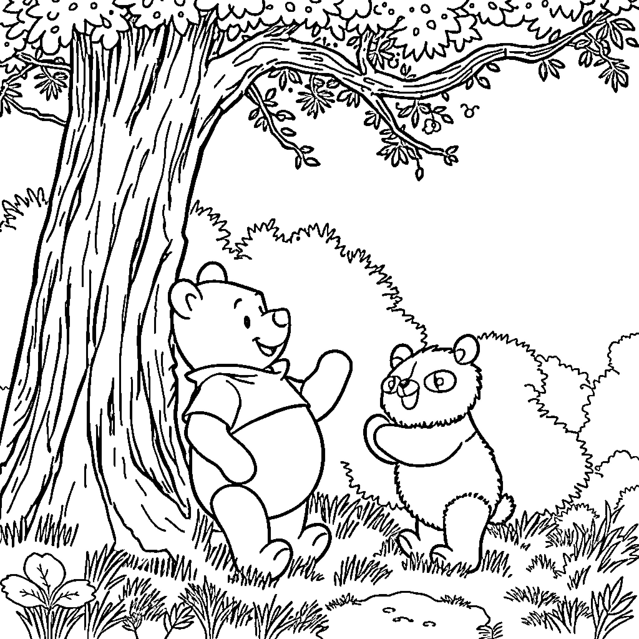 Winnie The Pooh and Pals Exploring the Enchanted Forest Coloring Page (free black-and-white line drawing printable PDF for all, from beginners to advanced learners, including children, teens, adults, and seniors)