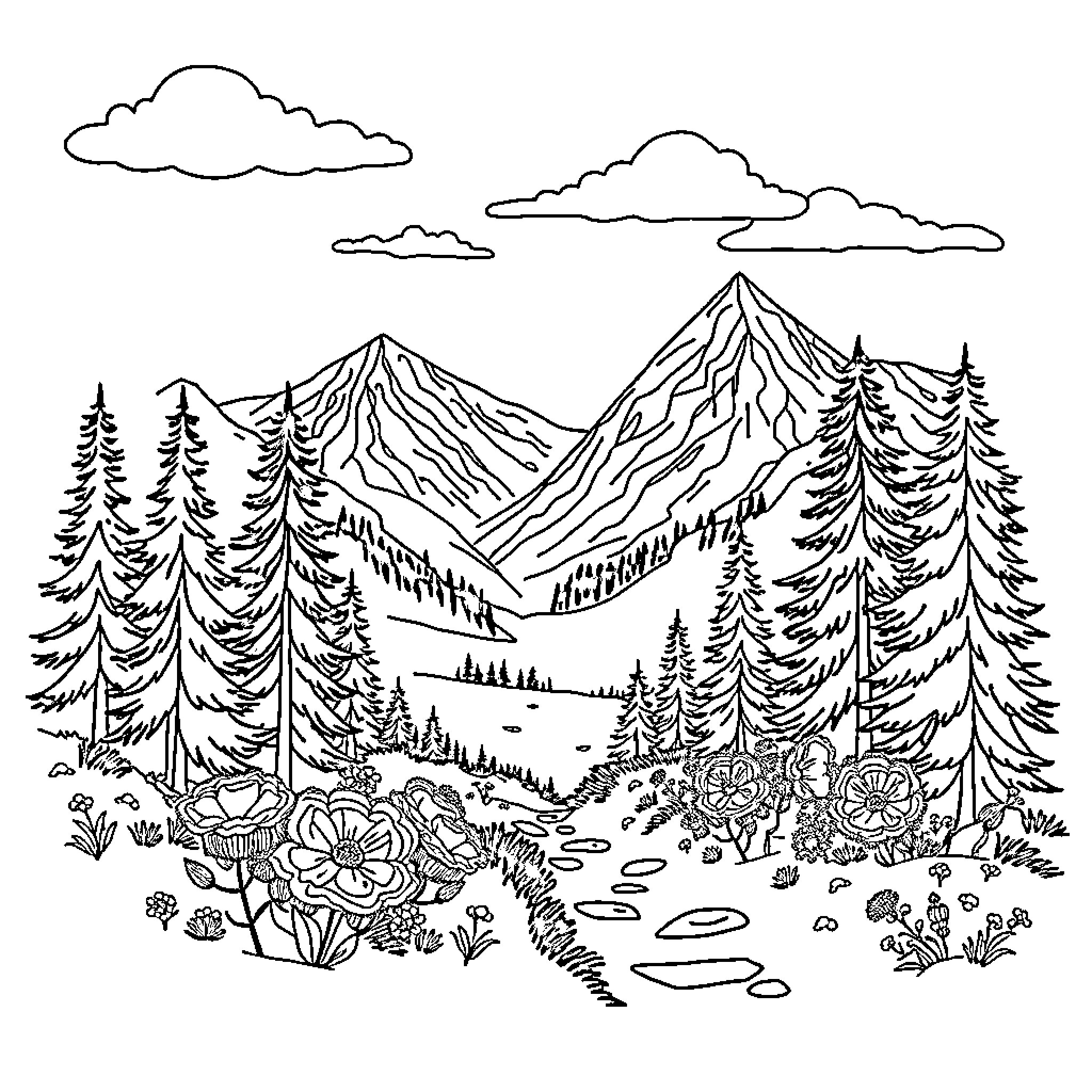 Stitch a Tranquil Mountain Landscape Coloring Page (free black-and-white line drawing printable PDF for all, from beginners to advanced learners, including children, teens, adults, and seniors)