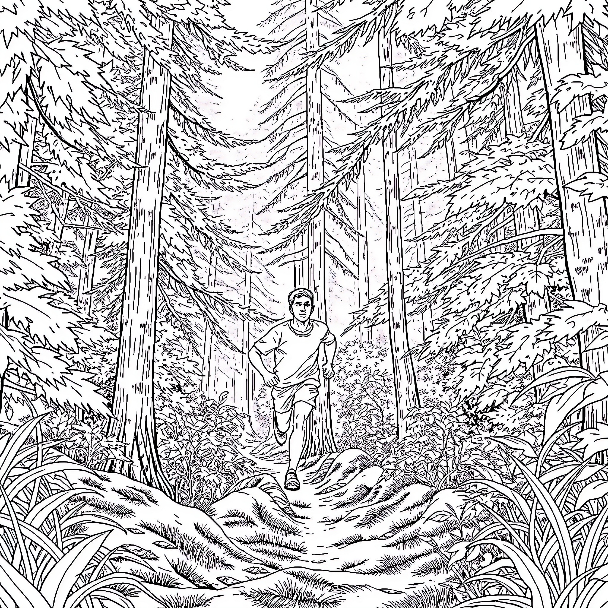 Man hiking through dense forest landscape Coloring Page (free black-and-white line drawing printable PDF for all, from beginners to advanced learners, including children, teens, adults, and seniors)
