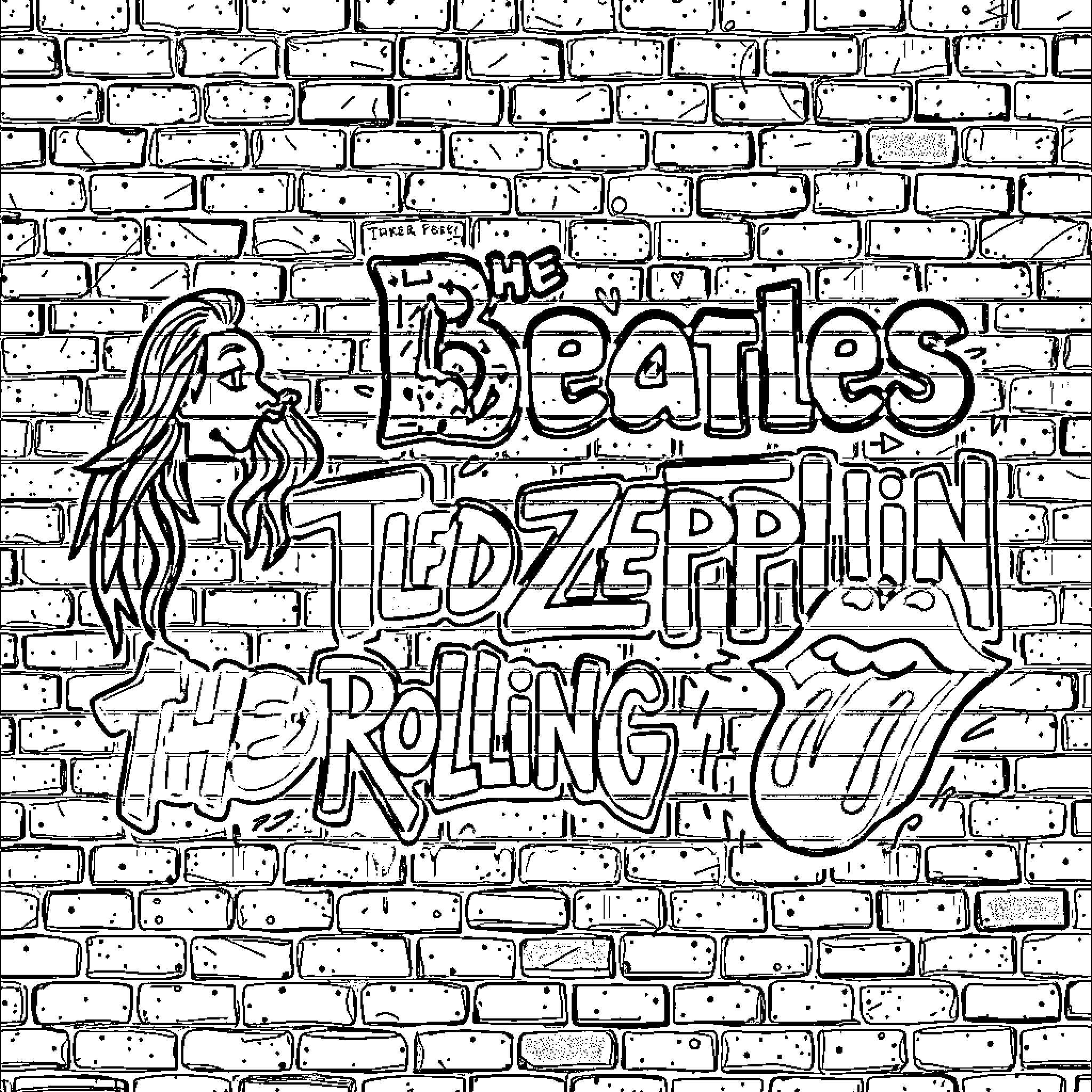 Band Names Graffiti on Brick Wall Coloring Page (free black-and-white line drawing printable PDF for all, from beginners to advanced learners, including children, teens, adults, and seniors)