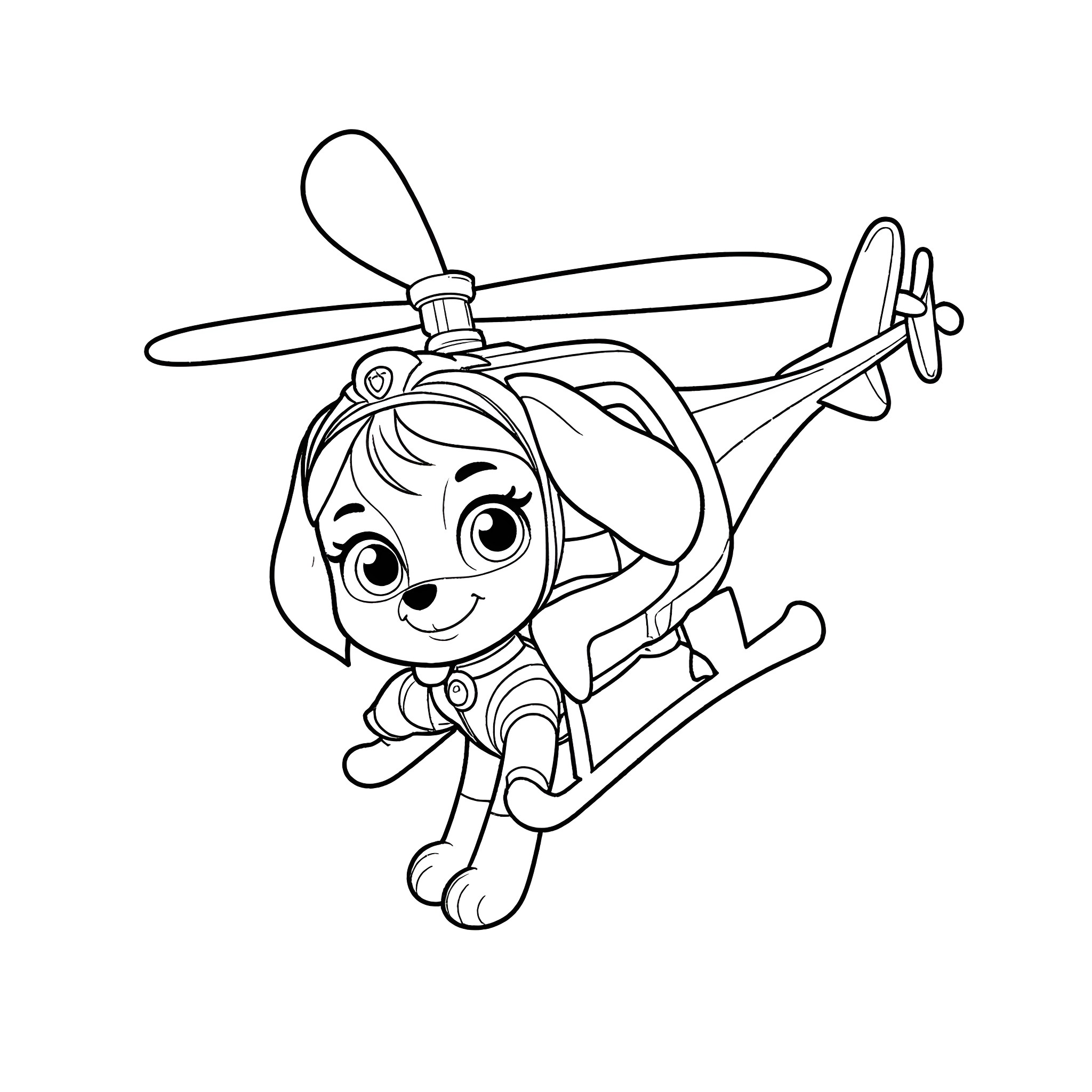Paw Patrol character flying in helicopter Coloring Page (free black-and-white line drawing printable PDF for all, from beginners to advanced learners, including children, teens, adults, and seniors)