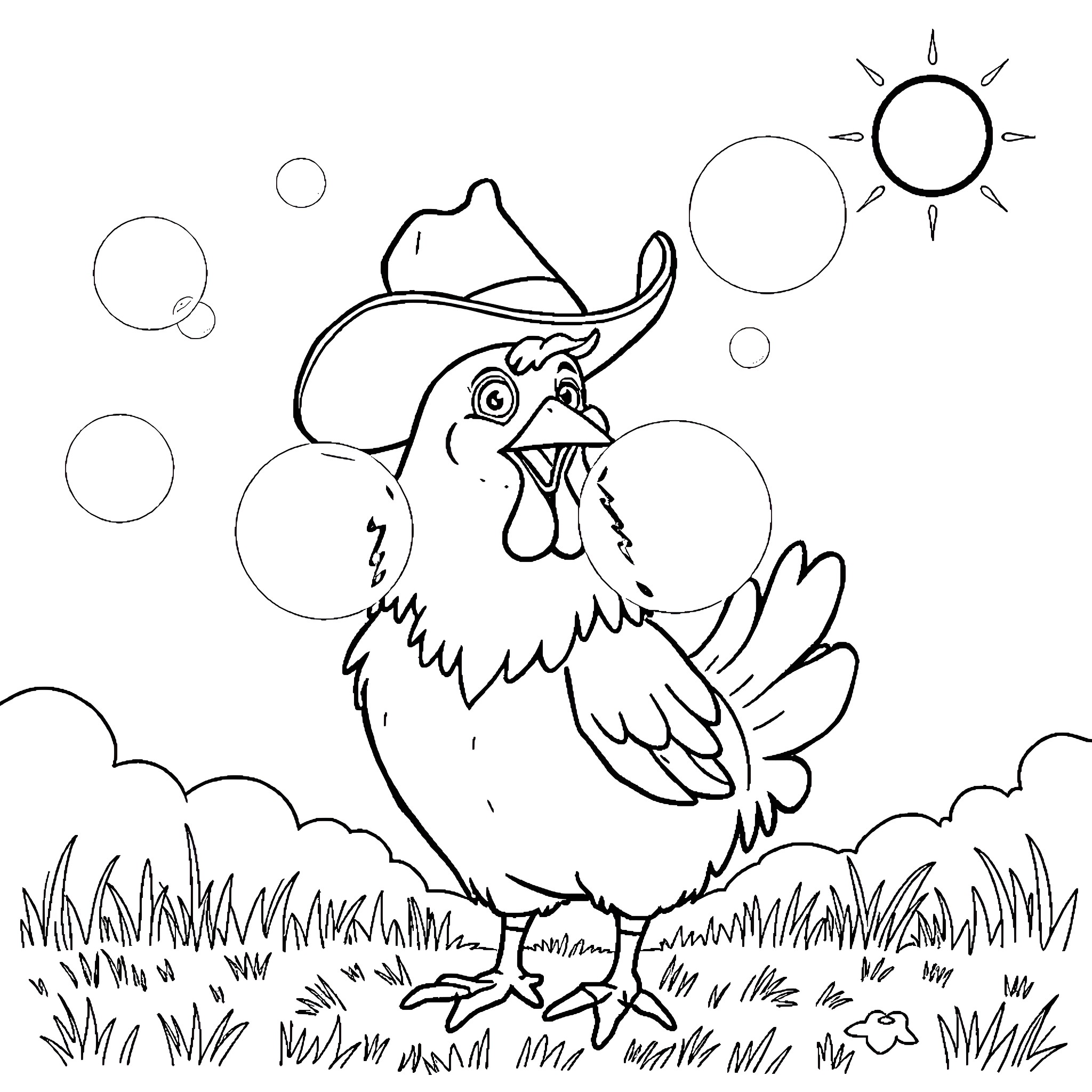 Chicken wearing a cowboy hat in a sunny field Coloring Page (free black-and-white line drawing printable PDF for all, from beginners to advanced learners, including children, teens, adults, and seniors)