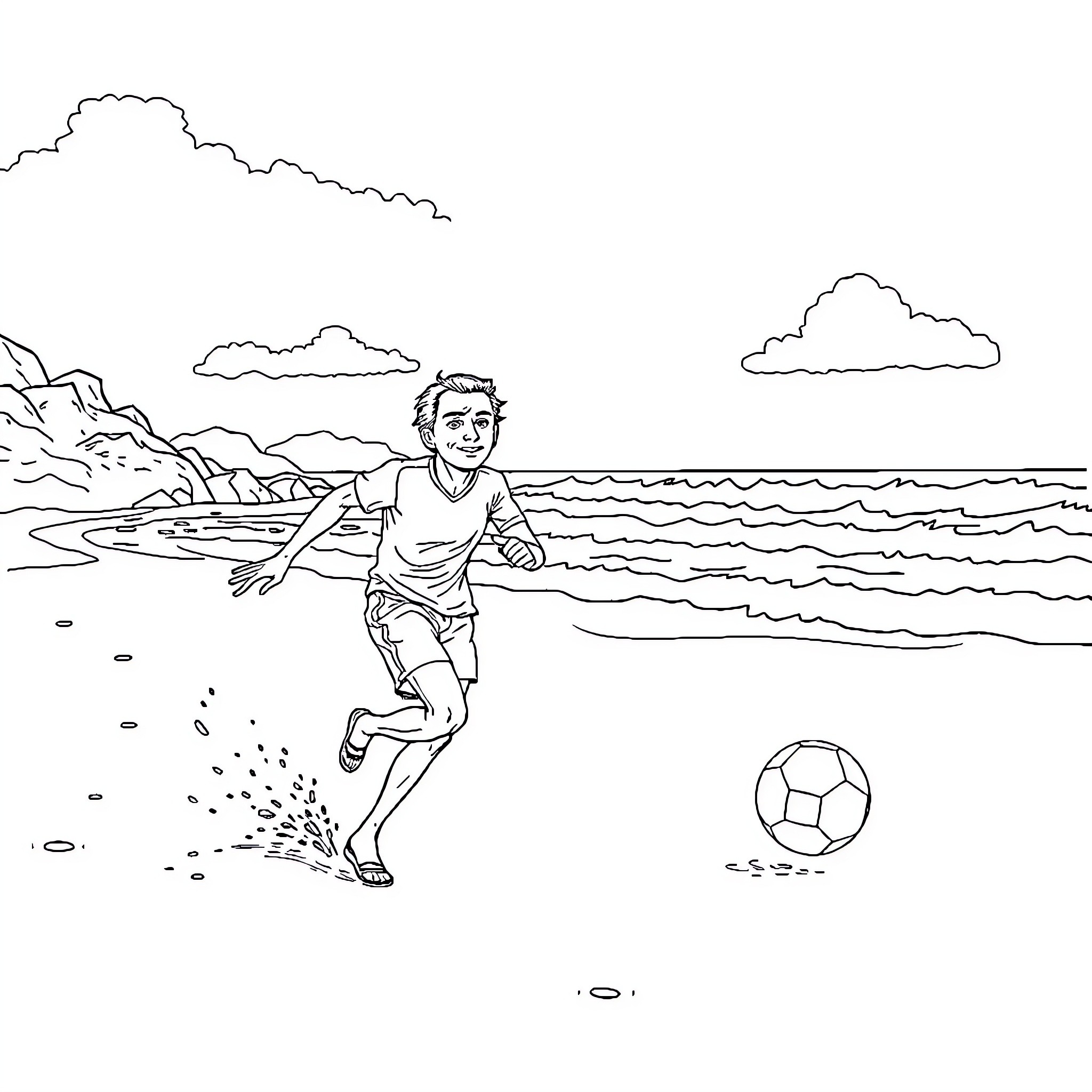 Hombre Araña kicking a soccer ball on the beach Coloring Page (free black-and-white line drawing printable PDF for all, from beginners to advanced learners, including children, teens, adults, and seniors)