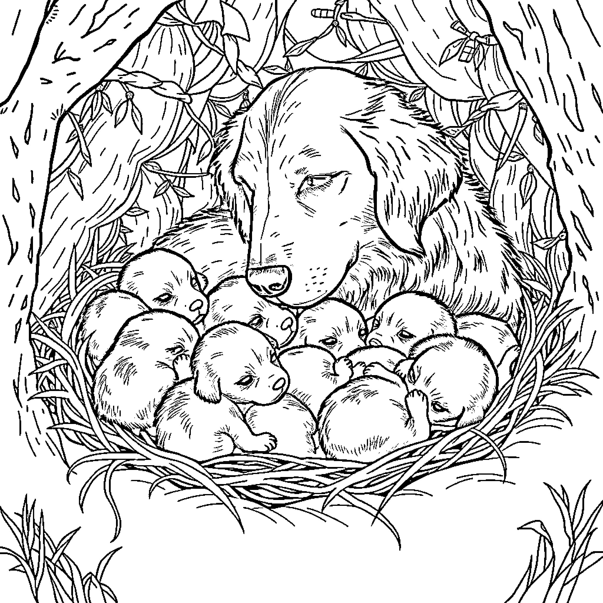 Golden Retriever guarding her puppies in the nest Coloring Page (free black-and-white line drawing printable PDF for all, from beginners to advanced learners, including children, teens, adults, and seniors)