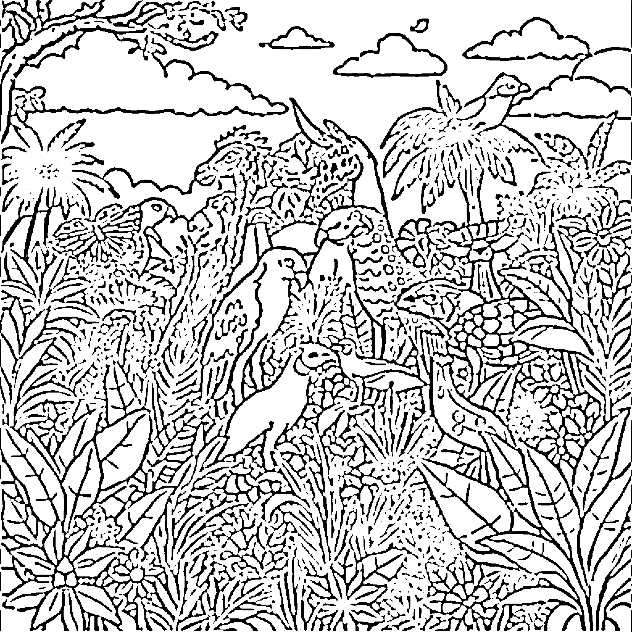 Animal Jungle Landscape with Exotic Creatures Coloring Page (free black-and-white line drawing printable PDF for all, from beginners to advanced learners, including children, teens, adults, and seniors)