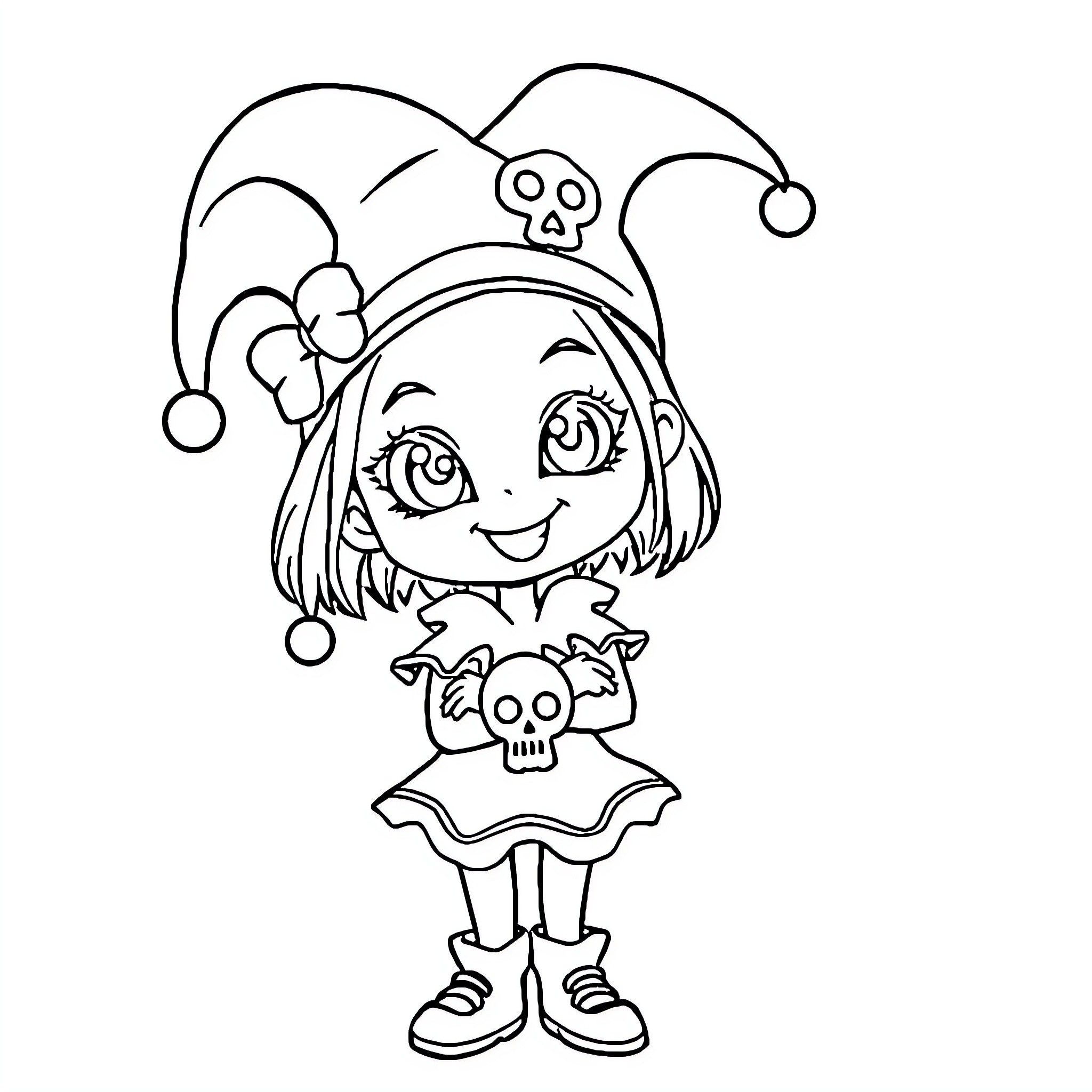 Kuromi in playful jester costume Coloring Page (free black-and-white line drawing printable PDF for all, from beginners to advanced learners, including children, teens, adults, and seniors)