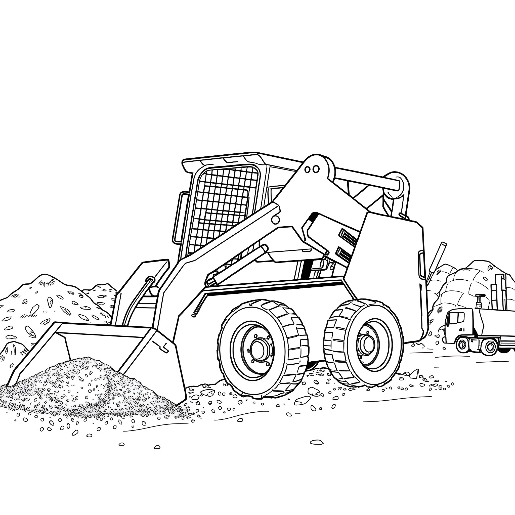 Skid Steer construction vehicle in action Coloring Page (free black-and-white line drawing printable PDF for all, from beginners to advanced learners, including children, teens, adults, and seniors)