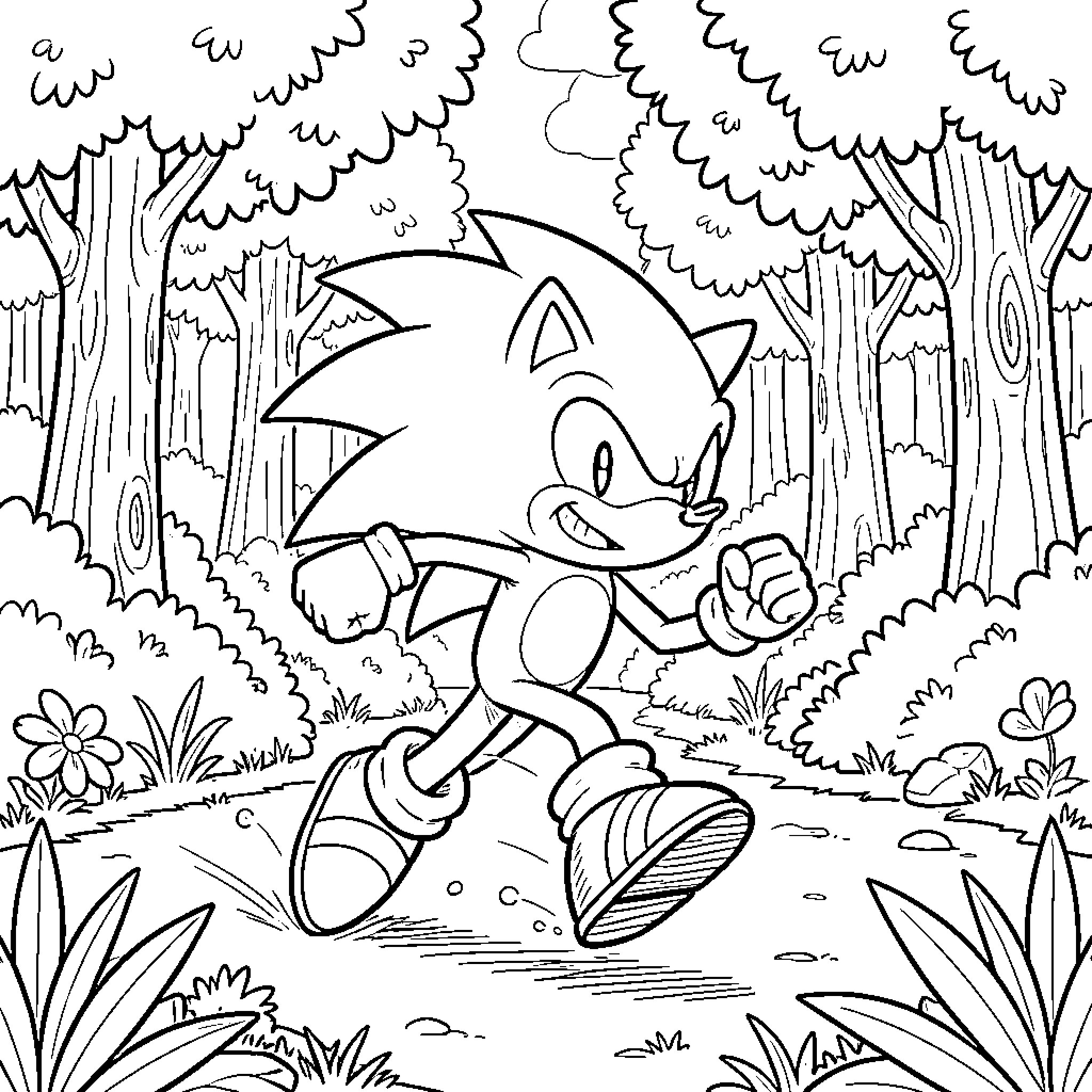 Sonic the Hedgehog running through the forest Coloring Page (free black-and-white line drawing printable PDF for all, from beginners to advanced learners, including children, teens, adults, and seniors)
