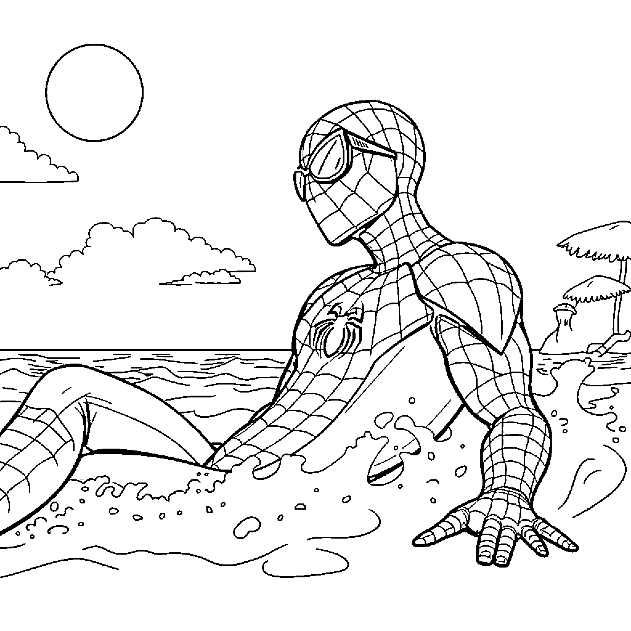 Spider-Man relaxing on the beach Coloring Page (free black-and-white line drawing printable PDF for all, from beginners to advanced learners, including children, teens, adults, and seniors)