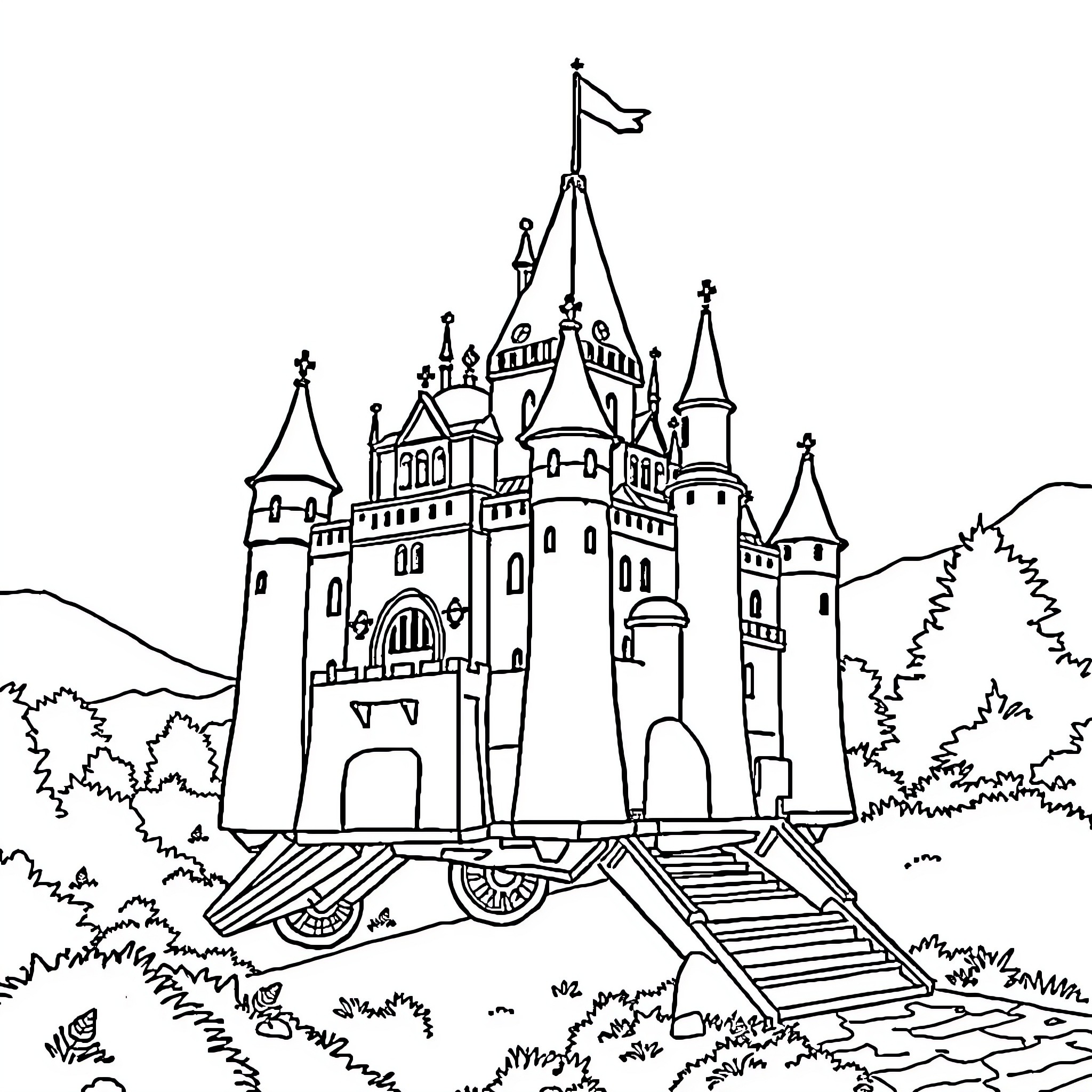 Castle with Decorated Towers and Flags Coloring Page (free black-and-white line drawing printable PDF for all, from beginners to advanced learners, including children, teens, adults, and seniors)