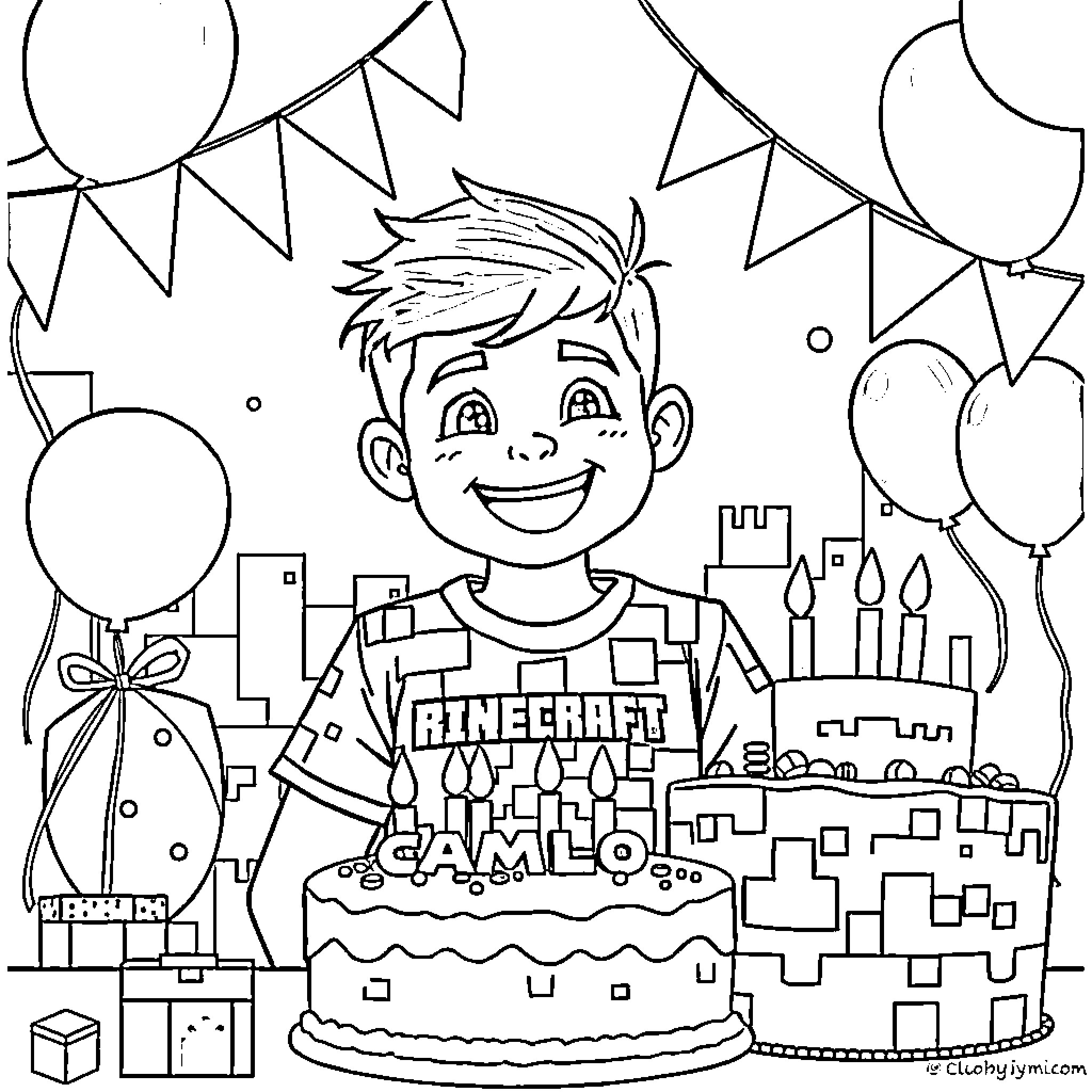Minecraft Birthday Celebration with Balloons and Cake Coloring Page (free black-and-white line drawing printable PDF for all, from beginners to advanced learners, including children, teens, adults, and seniors)