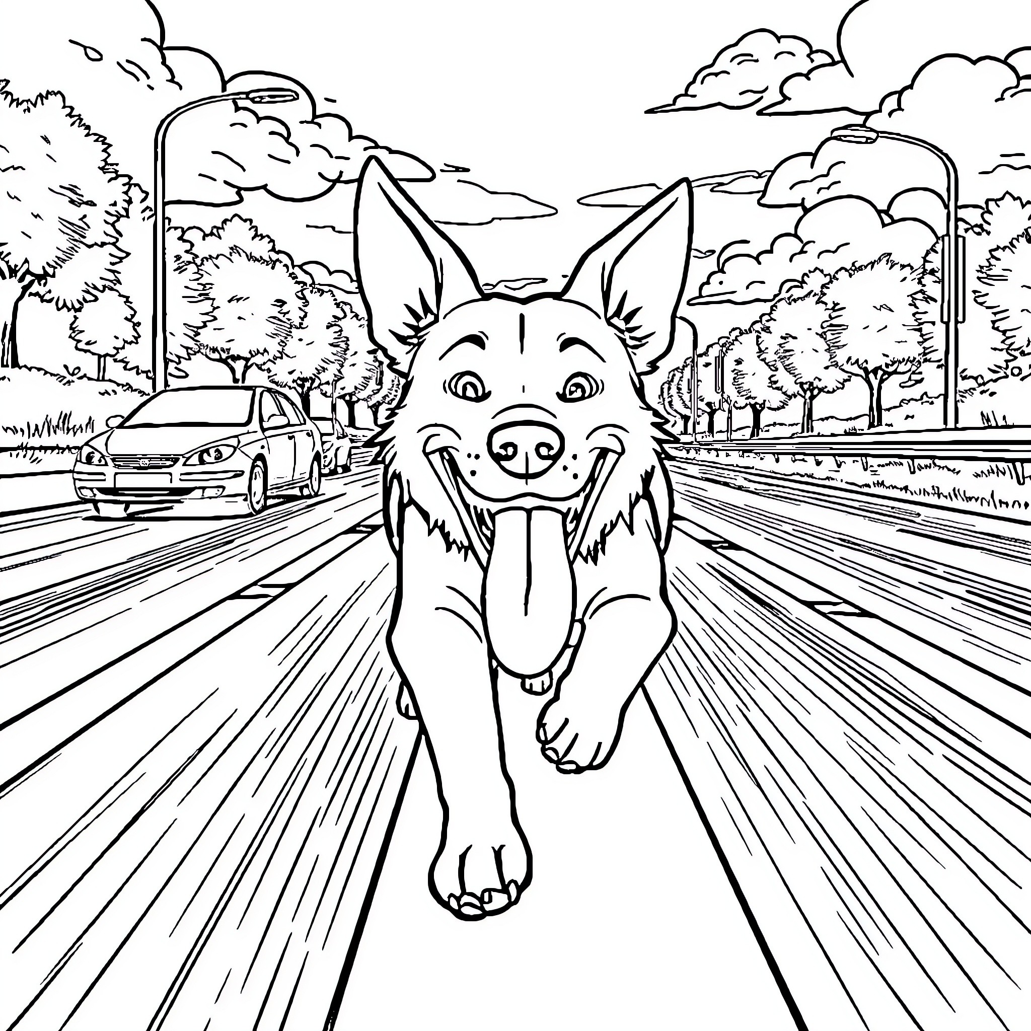 Dog happily running down the road Coloring Page (free black-and-white line drawing printable PDF for all, from beginners to advanced learners, including children, teens, adults, and seniors)