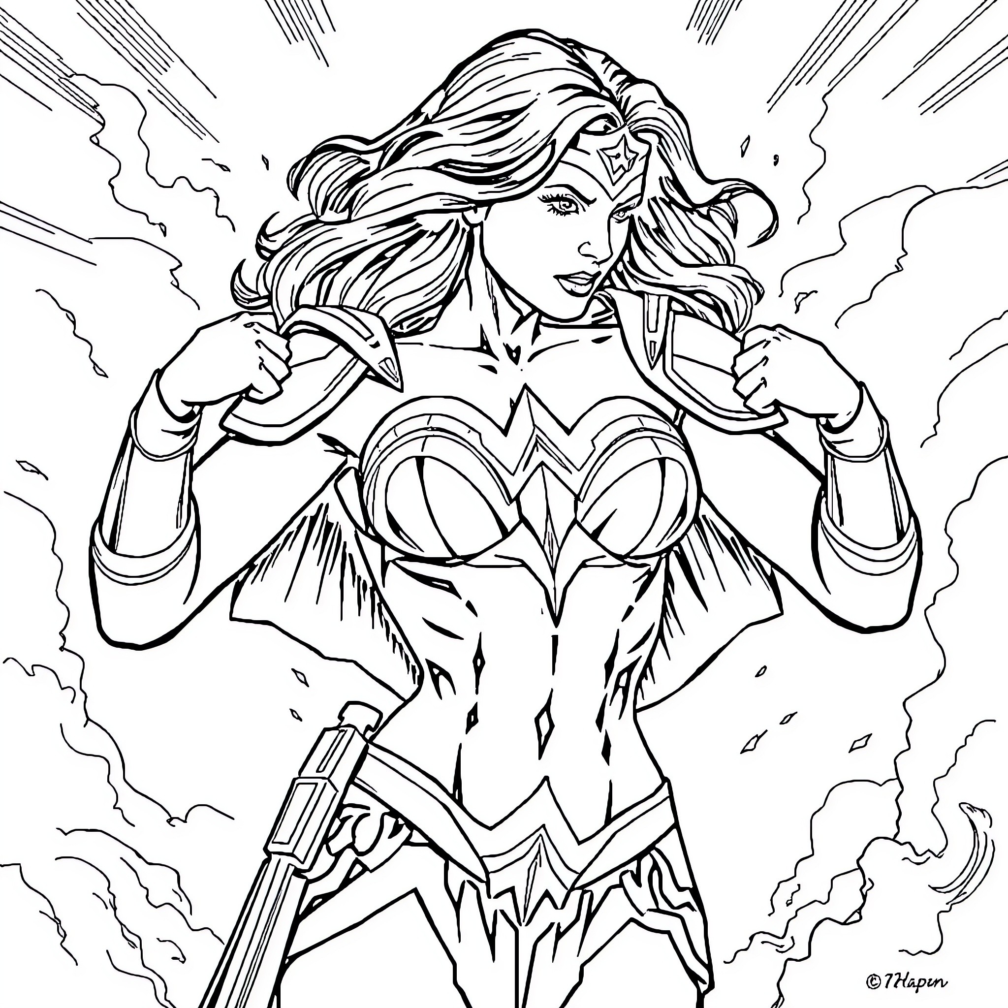 Wonder Woman in Action-Packed Heroic Pose Coloring Page (free black-and-white line drawing printable PDF for all, from beginners to advanced learners, including children, teens, adults, and seniors)