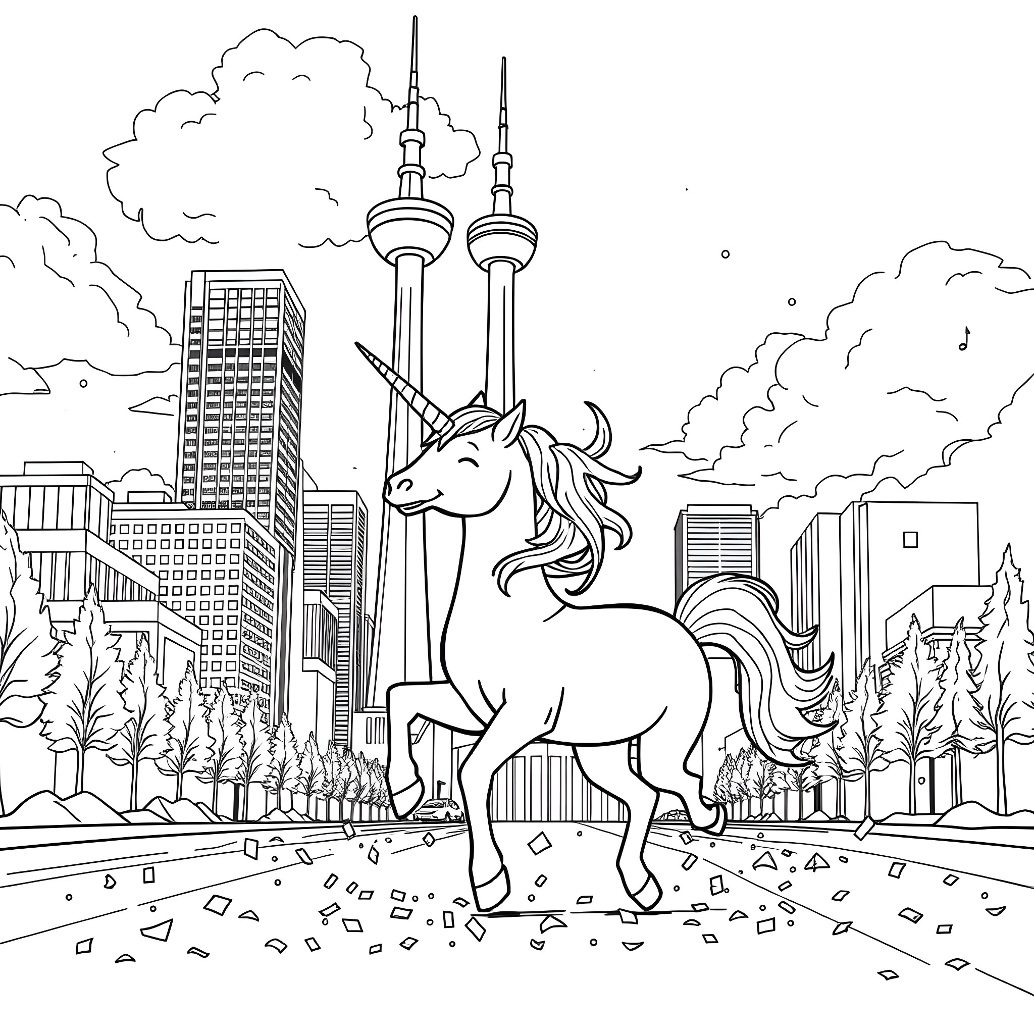 Unicorn strolling through the city skyline Coloring Page (free black-and-white line drawing printable PDF for all, from beginners to advanced learners, including children, teens, adults, and seniors)