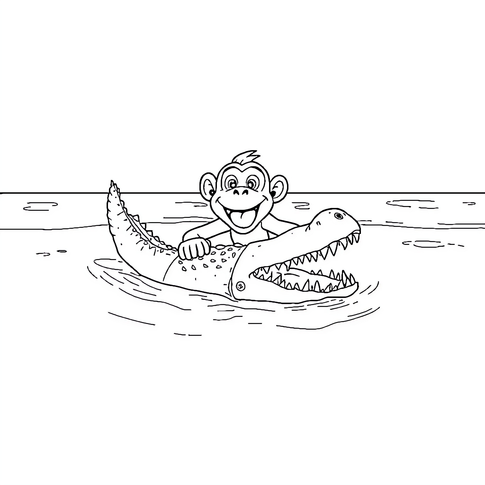 Monkey playing happily with crocodile in the water Coloring Page (free black-and-white line drawing printable PDF for all, from beginners to advanced learners, including children, teens, adults, and seniors)