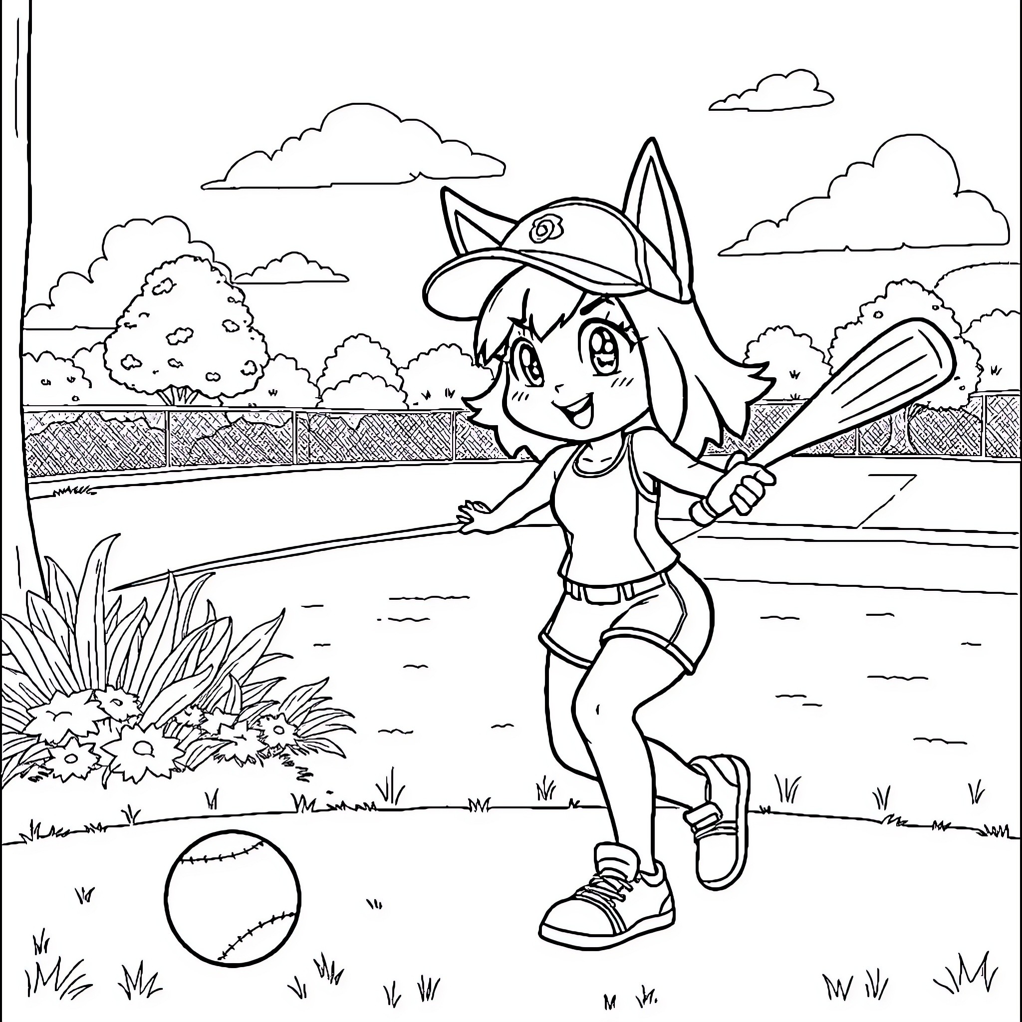 Aphmau playing baseball outdoors Coloring Page (free black-and-white line drawing printable PDF for all, from beginners to advanced learners, including children, teens, adults, and seniors)