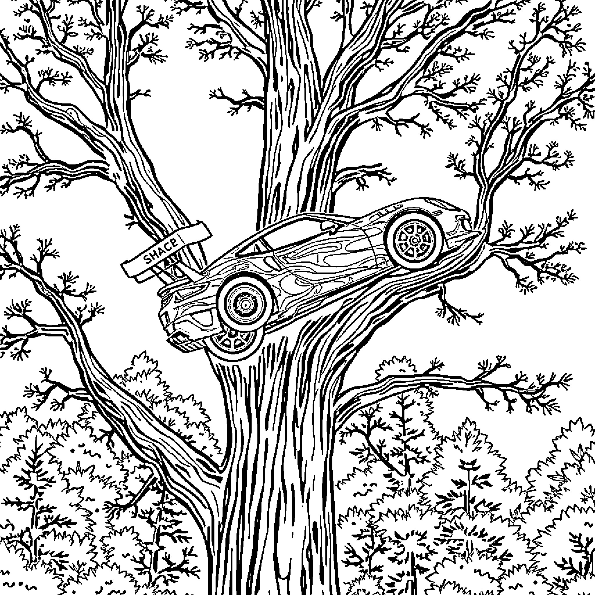 Race Car Crashing into Mysterious Forest Tree Coloring Page (free black-and-white line drawing printable PDF for all, from beginners to advanced learners, including children, teens, adults, and seniors)