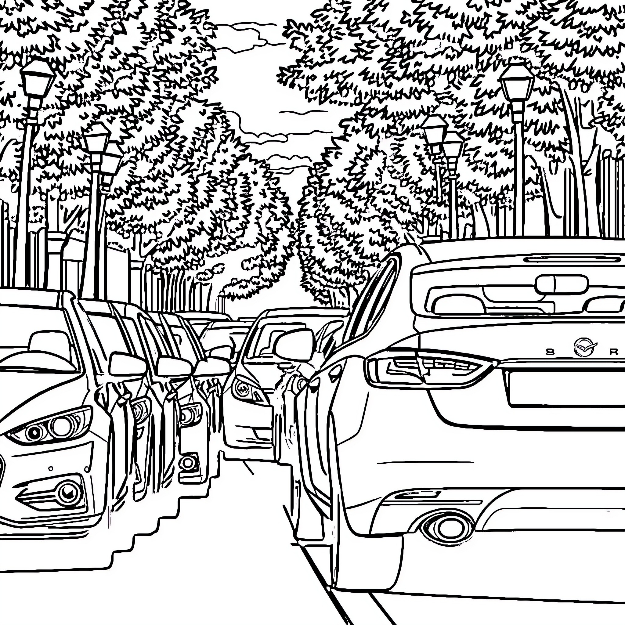 Car parked on a street lined with trees Coloring Page (free black-and-white line drawing printable PDF for all, from beginners to advanced learners, including children, teens, adults, and seniors)