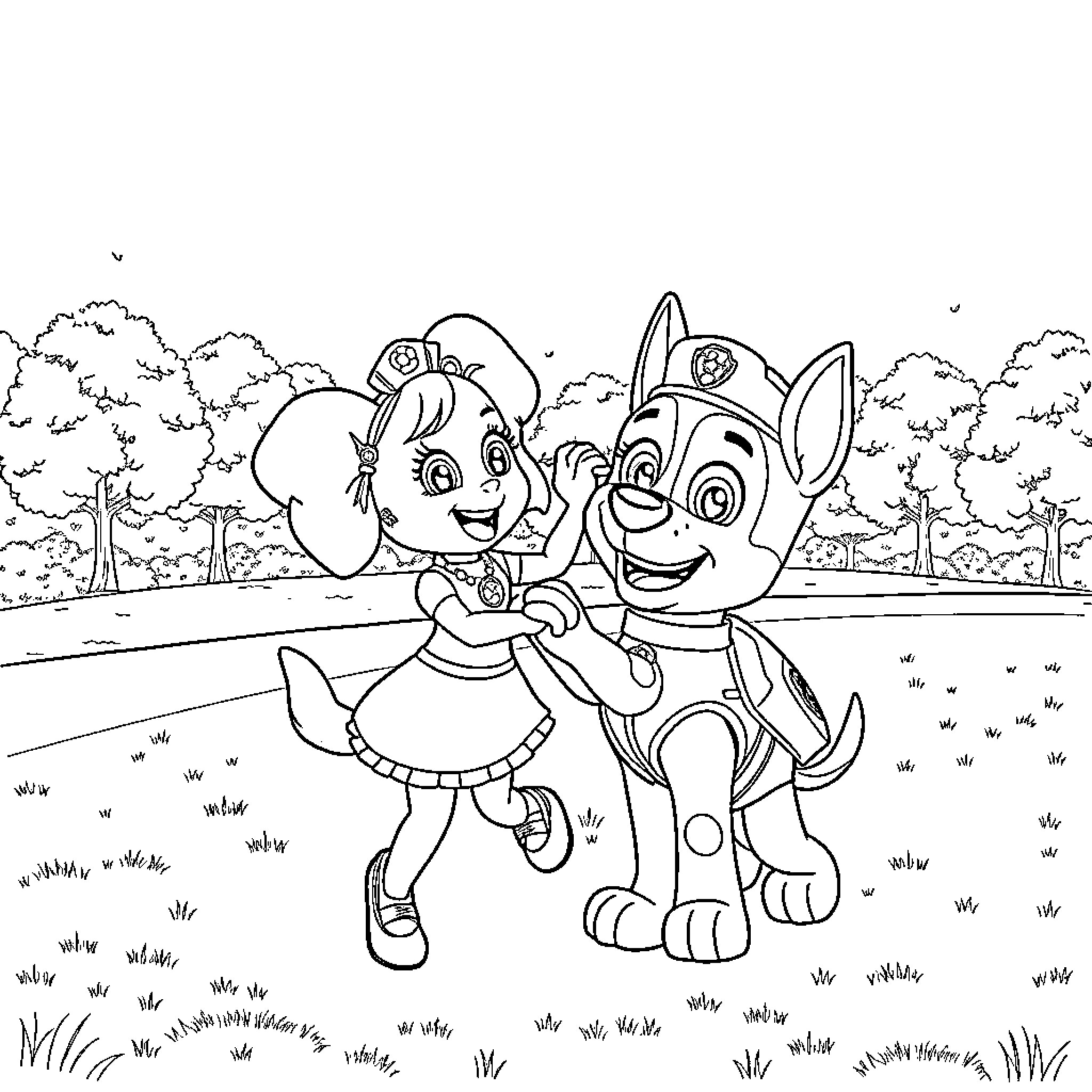 Bluey and Bingo playing together in the park Coloring Page (free black-and-white line drawing printable PDF for all, from beginners to advanced learners, including children, teens, adults, and seniors)
