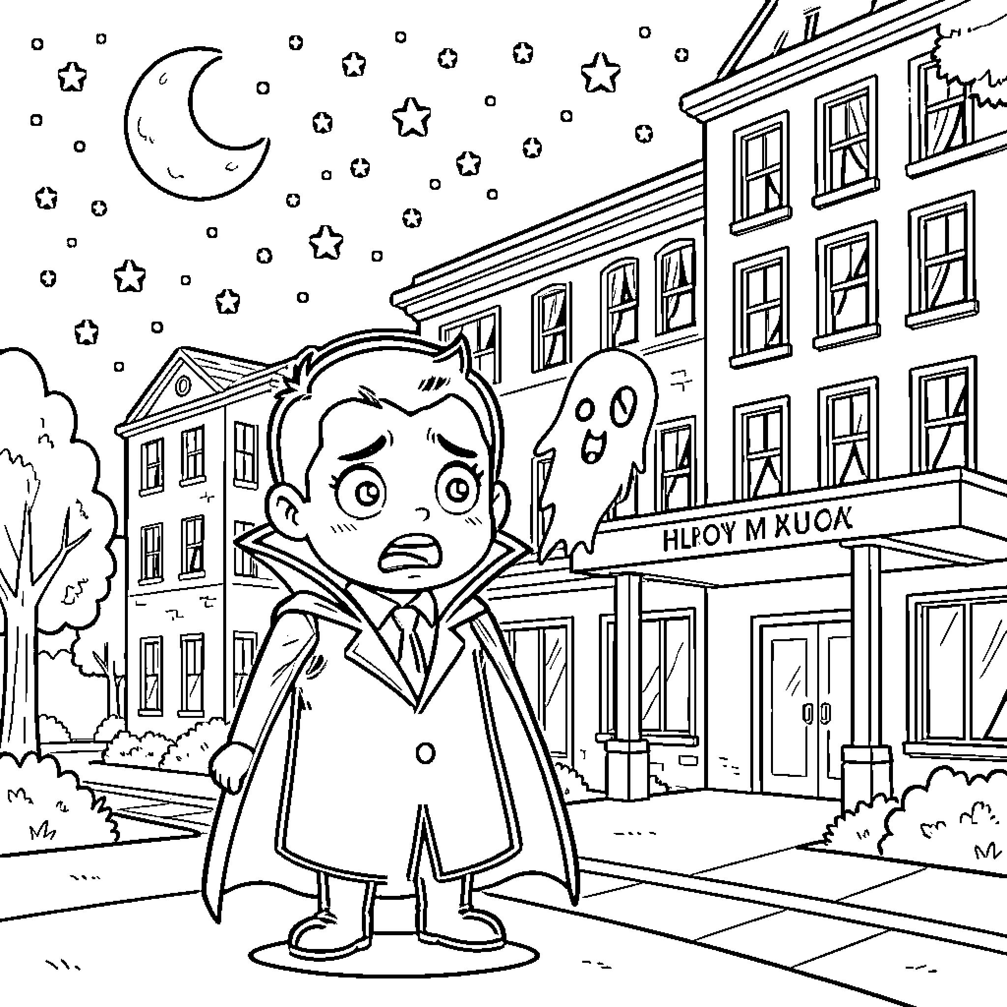 Vampire looking surprised with a friendly ghost Coloring Page (free black-and-white line drawing printable PDF for all, from beginners to advanced learners, including children, teens, adults, and seniors)