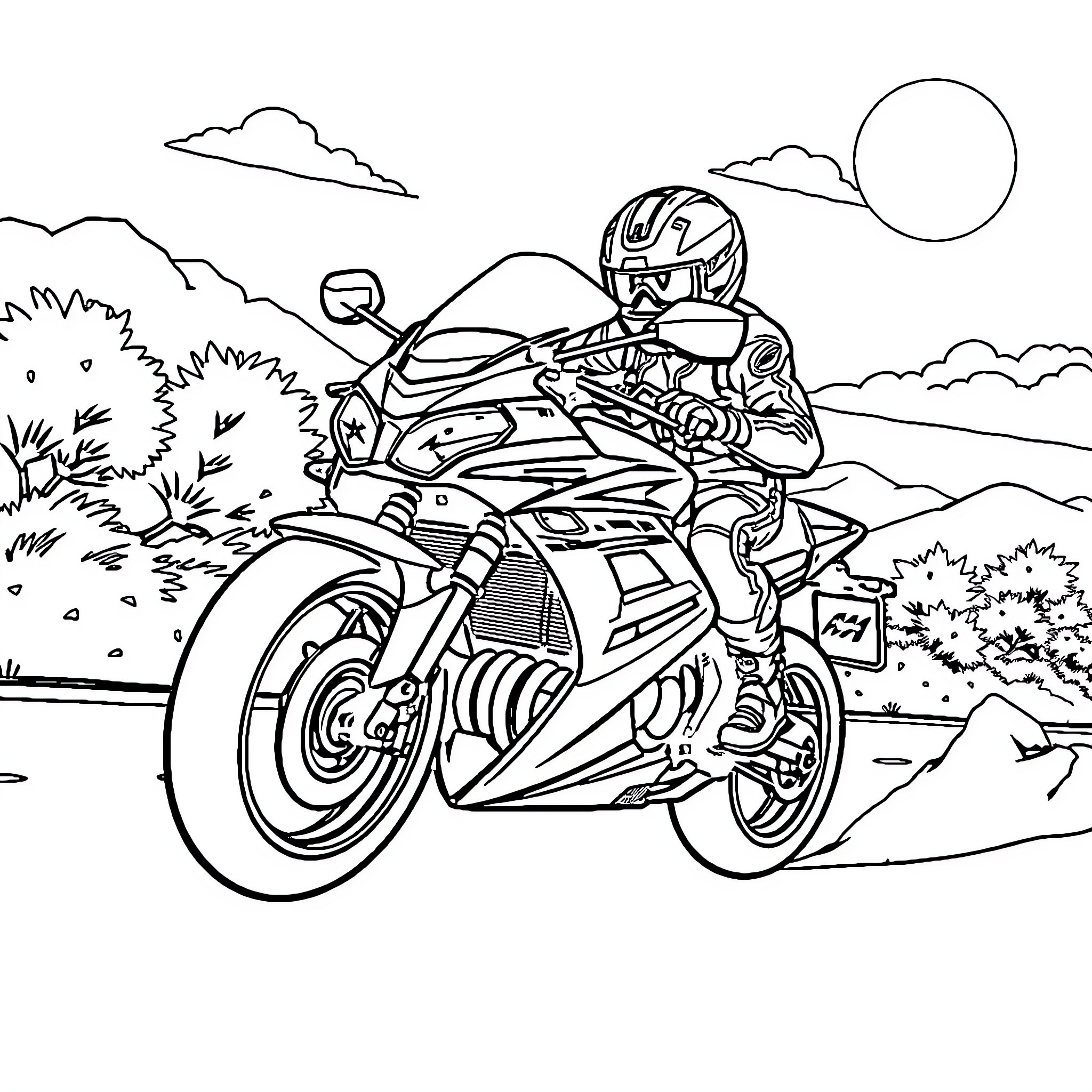 Zak's Thrilling Motorcycle Adventure Coloring Page (free black-and-white line drawing printable PDF for all, from beginners to advanced learners, including children, teens, adults, and seniors)
