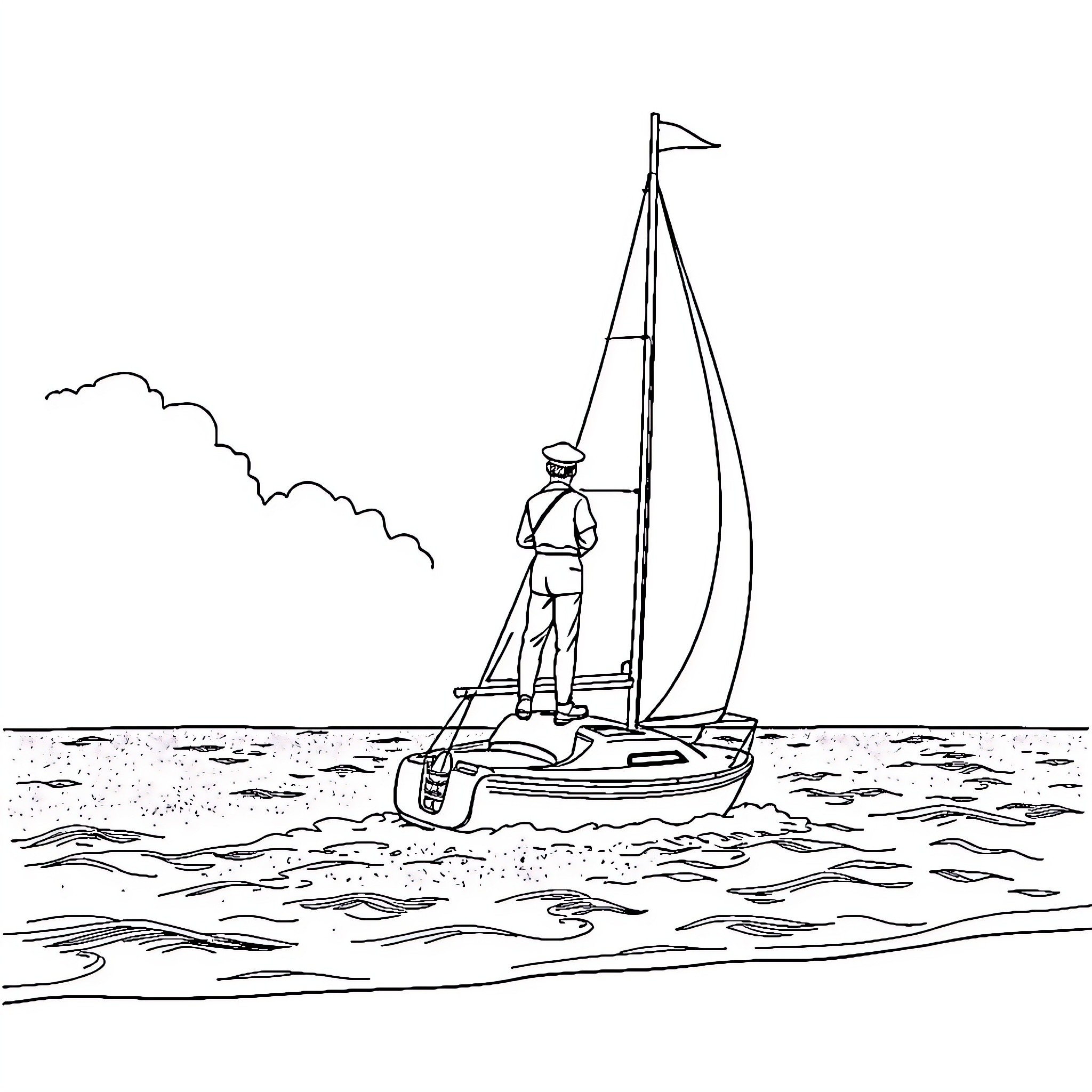 Sailor navigating sailboat across the sea Coloring Page (free black-and-white line drawing printable PDF for all, from beginners to advanced learners, including children, teens, adults, and seniors)