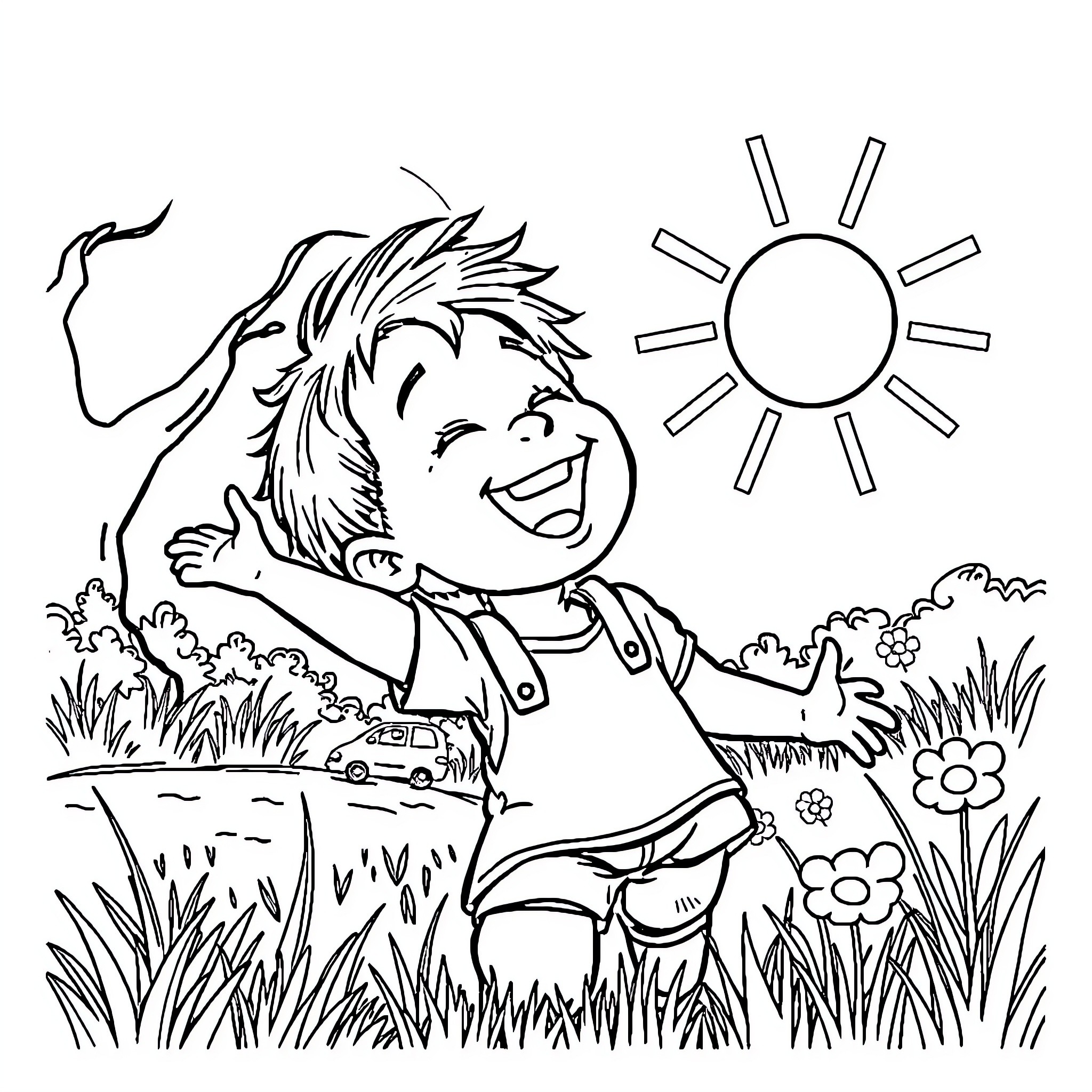 Kid happily playing in the sunny field Coloring Page (free black-and-white line drawing printable PDF for all, from beginners to advanced learners, including children, teens, adults, and seniors)