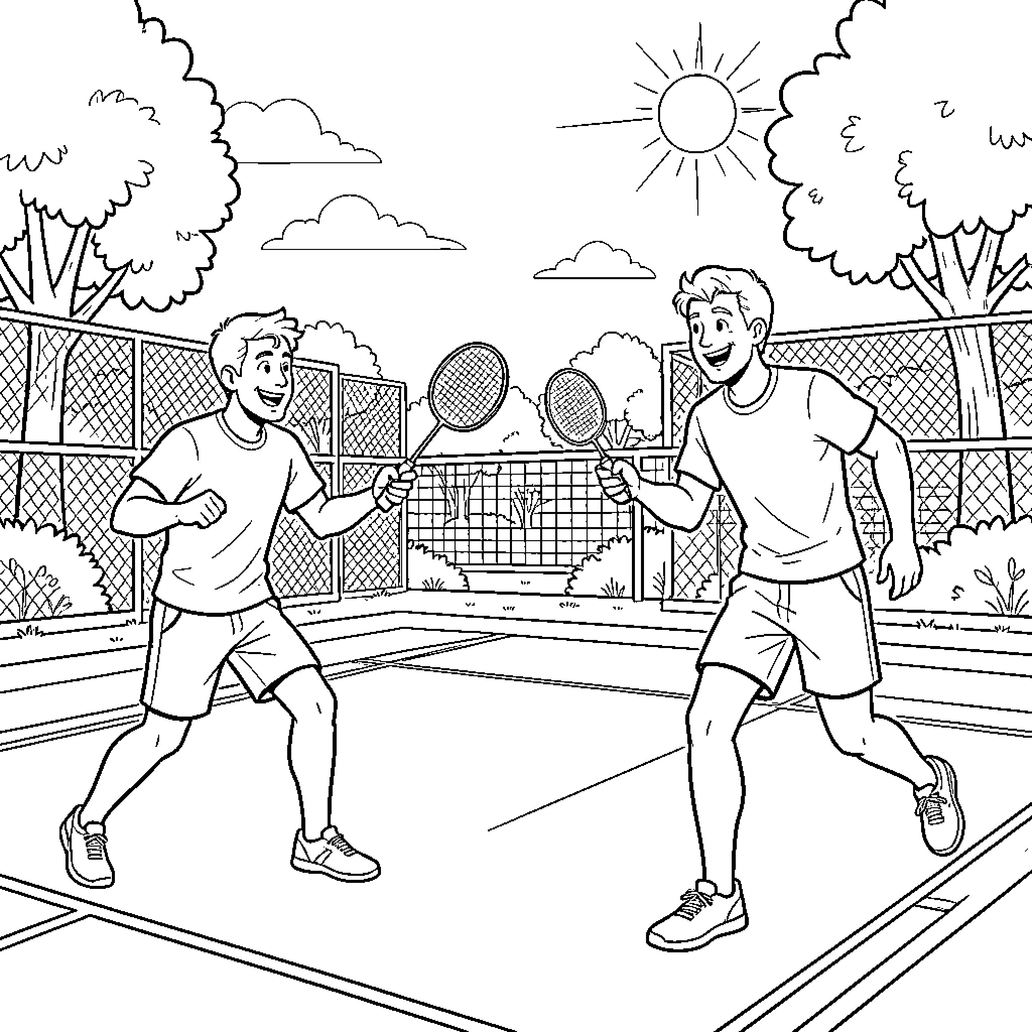 Badminton players competing joyfully on an outdoor court Coloring Page (free black-and-white line drawing printable PDF for all, from beginners to advanced learners, including children, teens, adults, and seniors)
