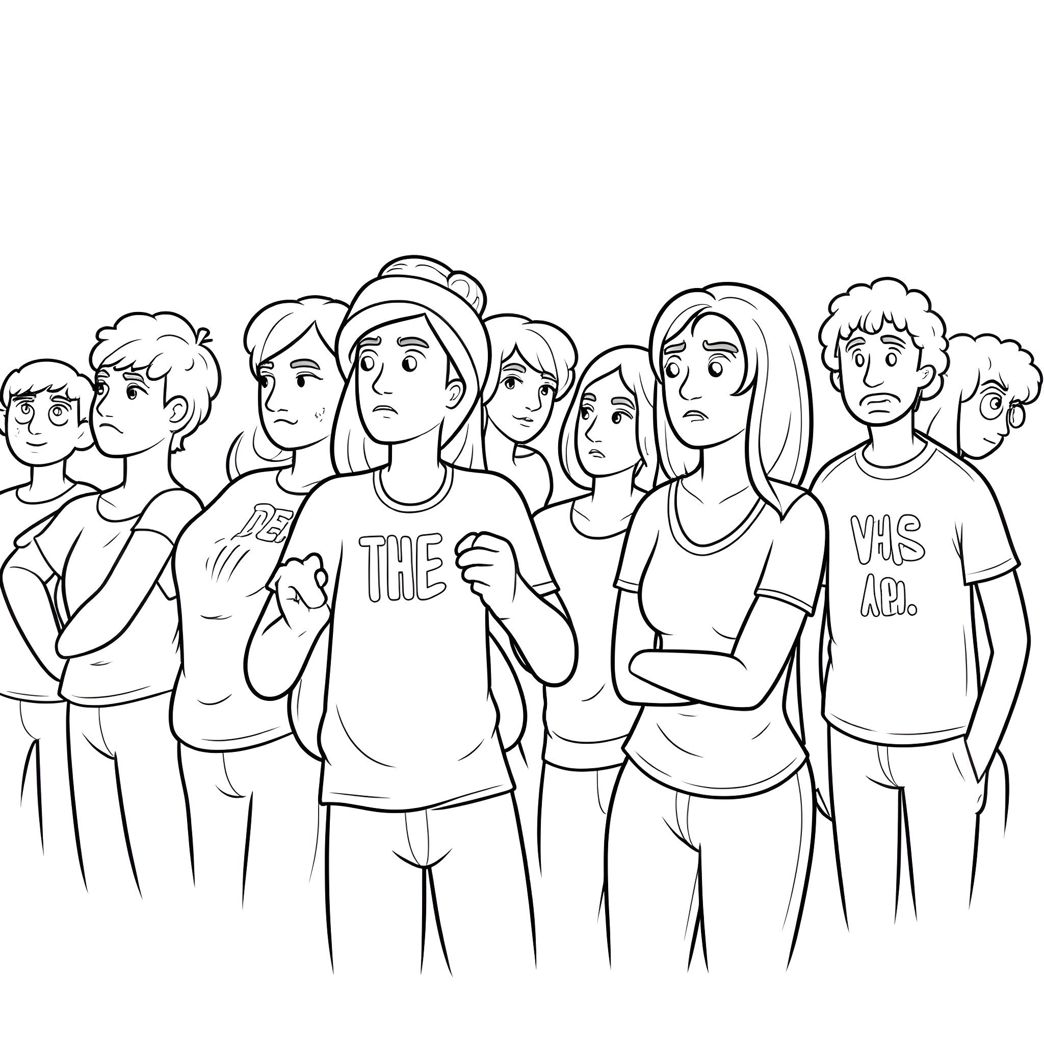 Bear group of diverse people expressing emotions Coloring Page (free black-and-white line drawing printable PDF for all, from beginners to advanced learners, including children, teens, adults, and seniors)