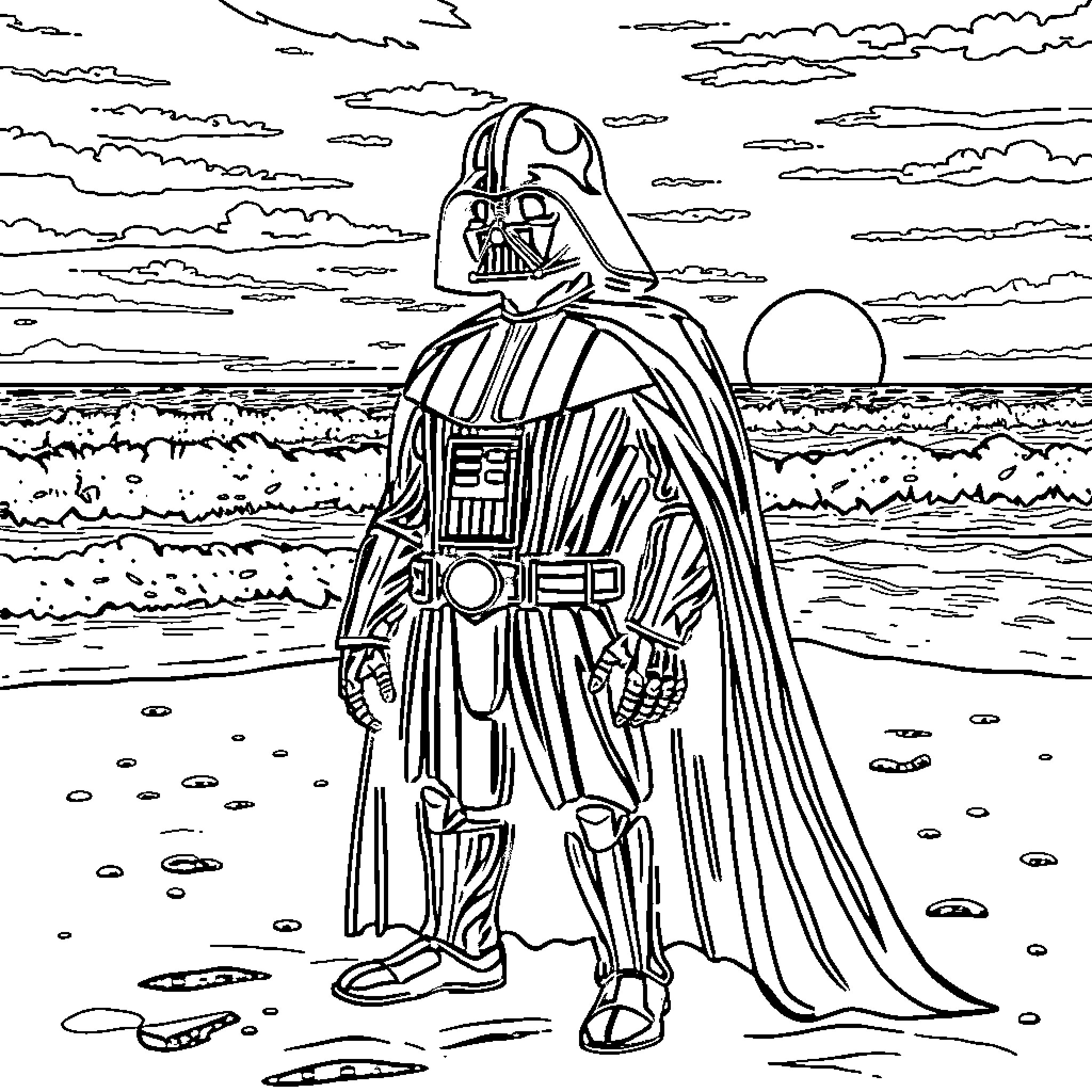 Darth Vader's Ominous Presence on the Beach Coloring Page (free black-and-white line drawing printable PDF for all, from beginners to advanced learners, including children, teens, adults, and seniors)