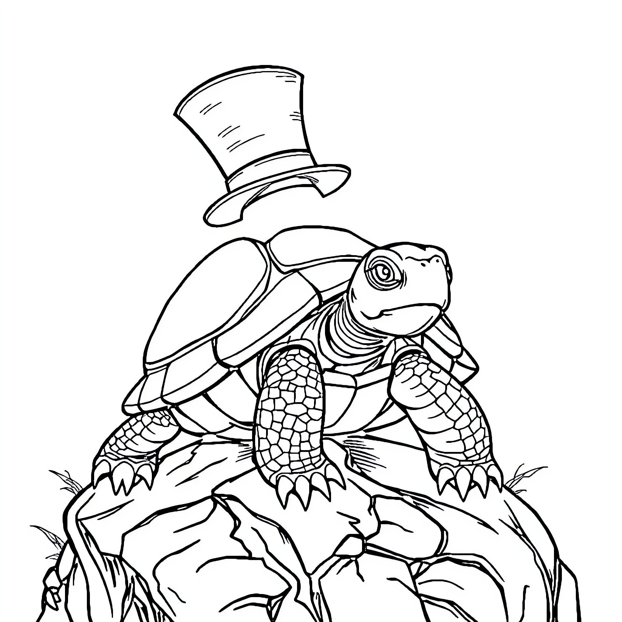 Turtle wearing a top hat in a natural setting Coloring Page (free black-and-white line drawing printable PDF for all, from beginners to advanced learners, including children, teens, adults, and seniors)