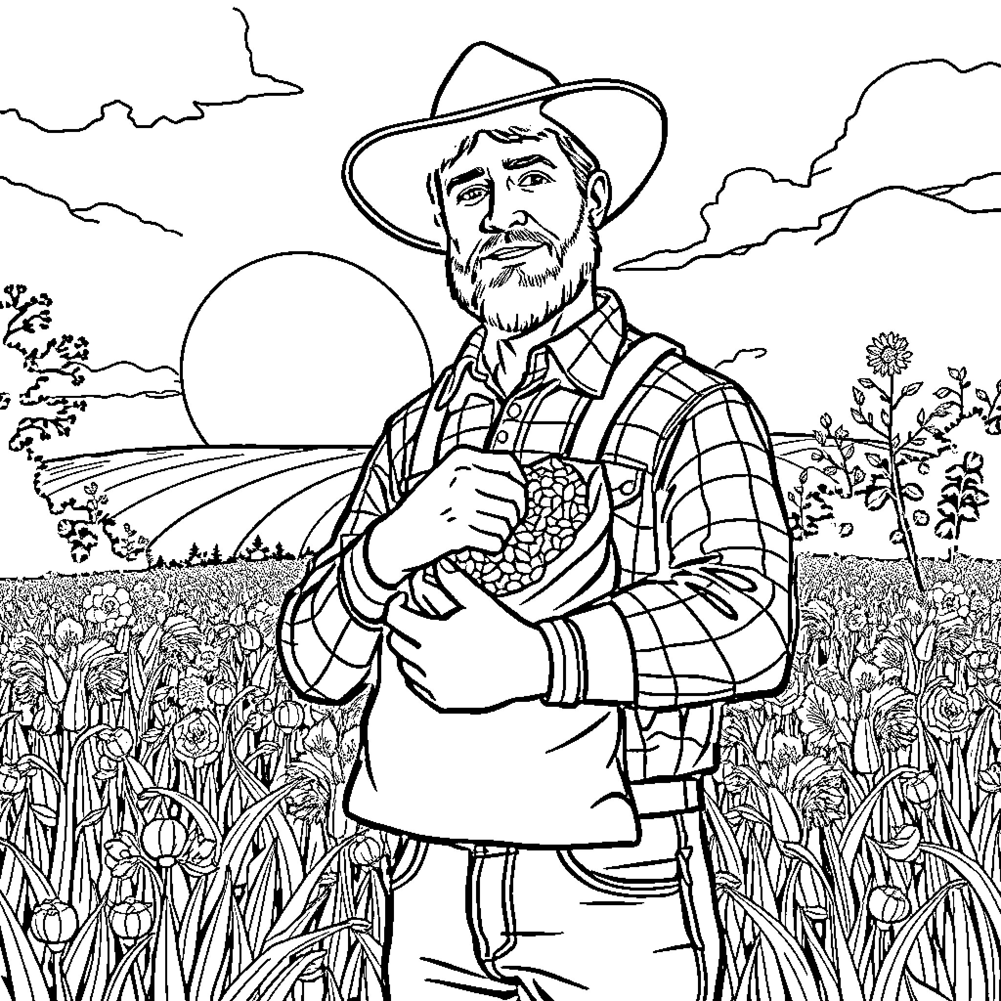 Farmer working diligently in the field Coloring Page (free black-and-white line drawing printable PDF for all, from beginners to advanced learners, including children, teens, adults, and seniors)