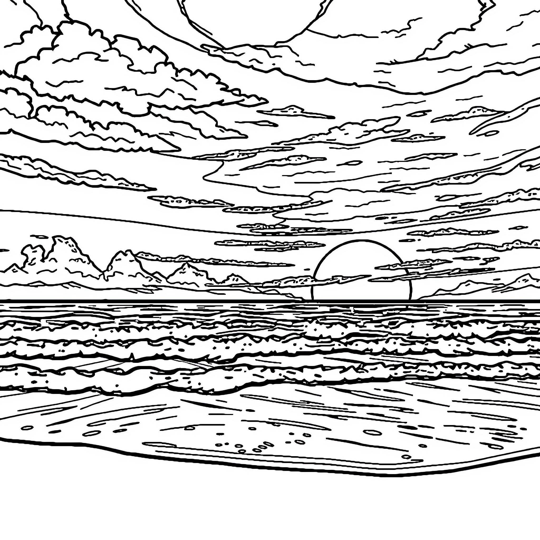 Beach Sunset with Cloudy Skies Coloring Page (free black-and-white line drawing printable PDF for all, from beginners to advanced learners, including children, teens, adults, and seniors)