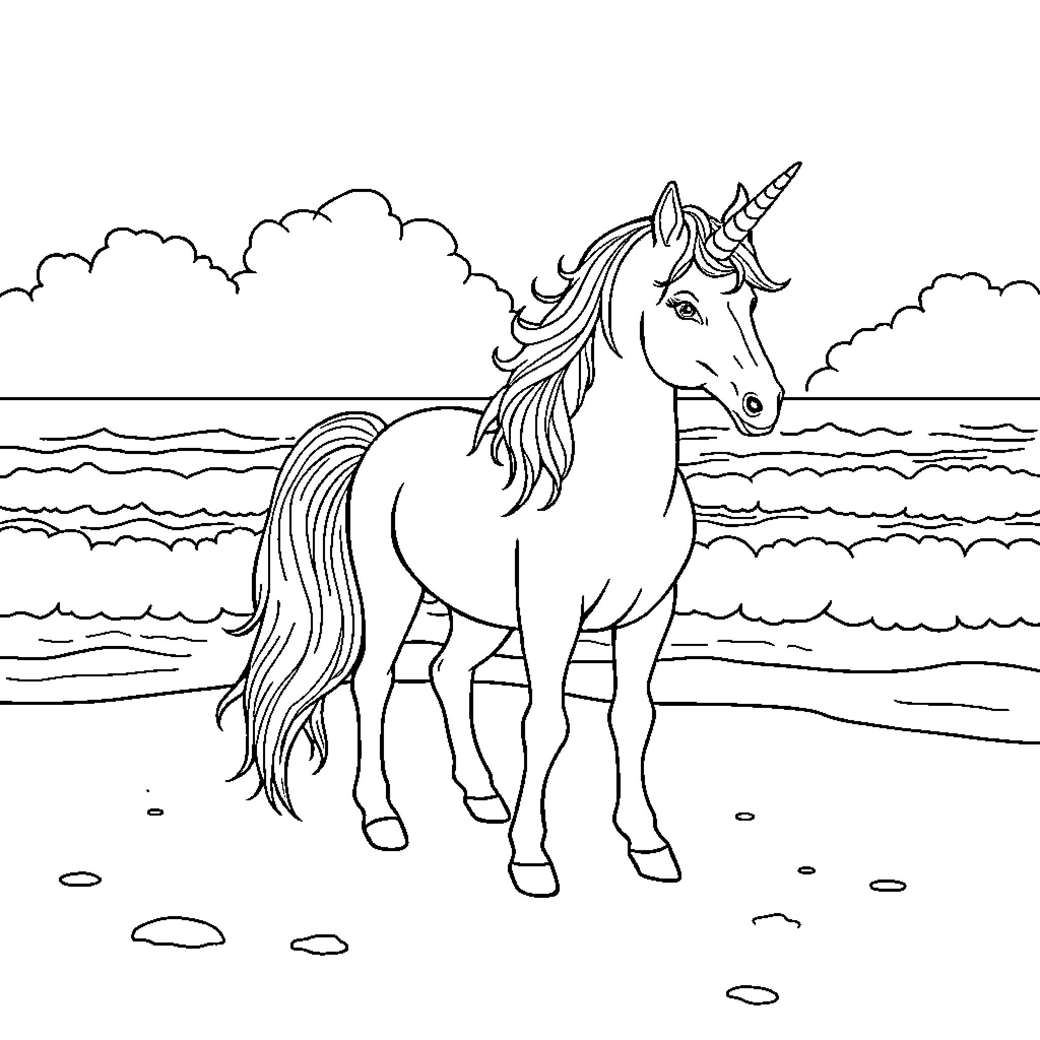Unicorn gracefully walking on the beach Coloring Page (free black-and-white line drawing printable PDF for all, from beginners to advanced learners, including children, teens, adults, and seniors)