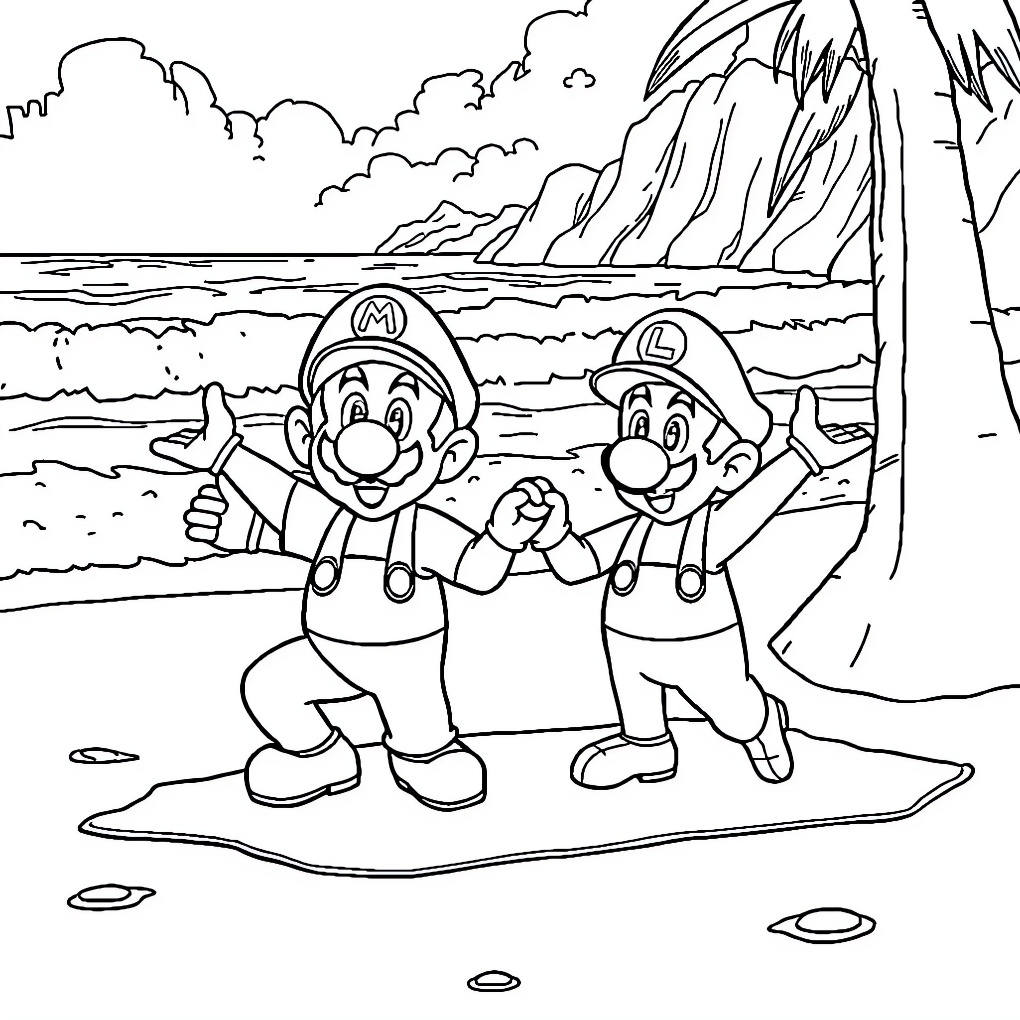 Mario and Luigi explore the beachfront Coloring Page (free black-and-white line drawing printable PDF for all, from beginners to advanced learners, including children, teens, adults, and seniors)