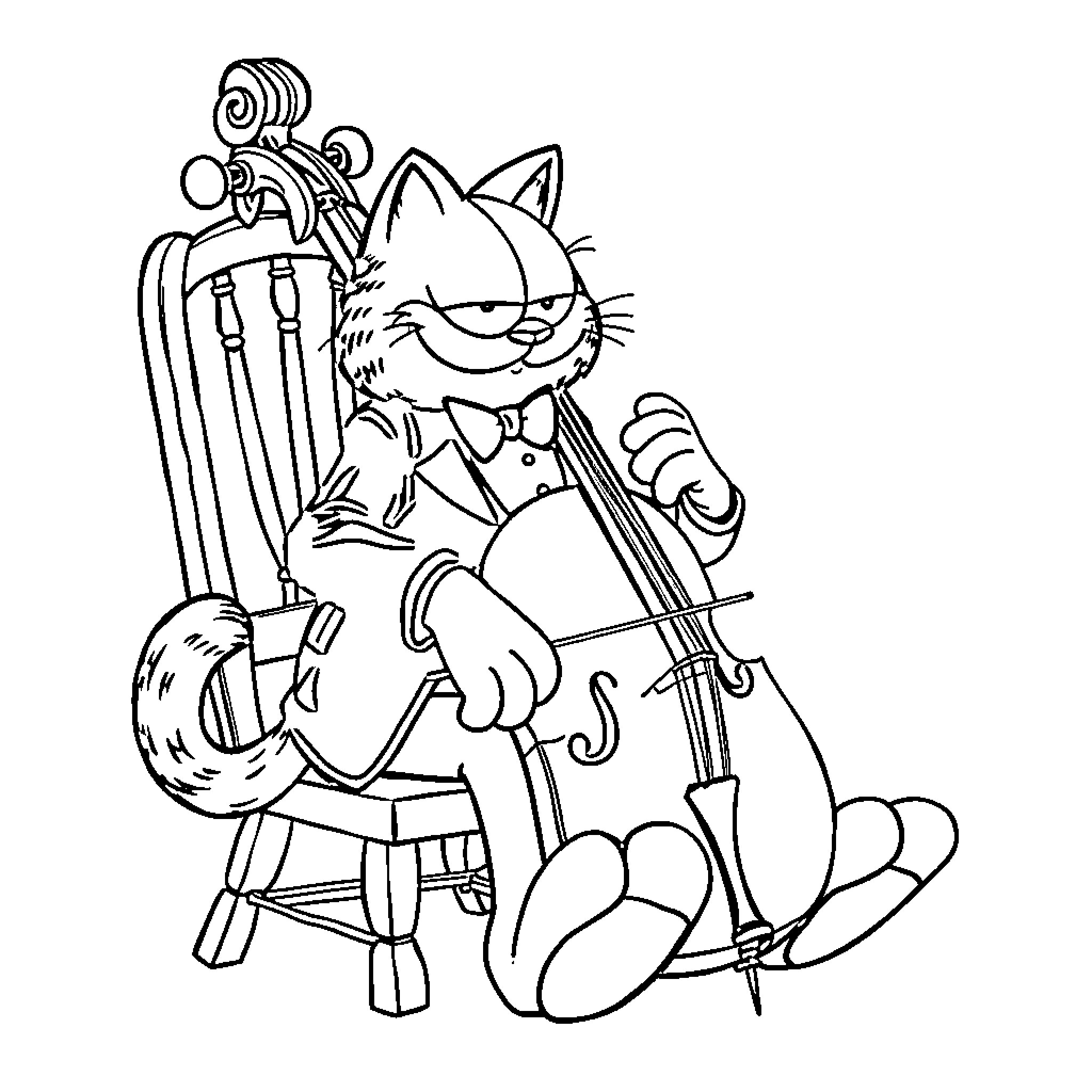 Garfield playing cello on a rocking chair Coloring Page (free black-and-white line drawing printable PDF for all, from beginners to advanced learners, including children, teens, adults, and seniors)